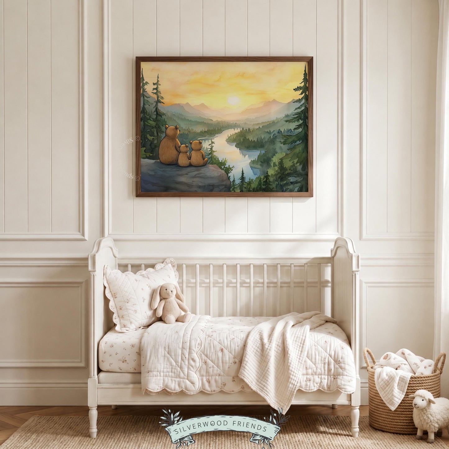 Nature lover nursery wall art — cozy bear family illustration with rolling green pines and sunset river glow