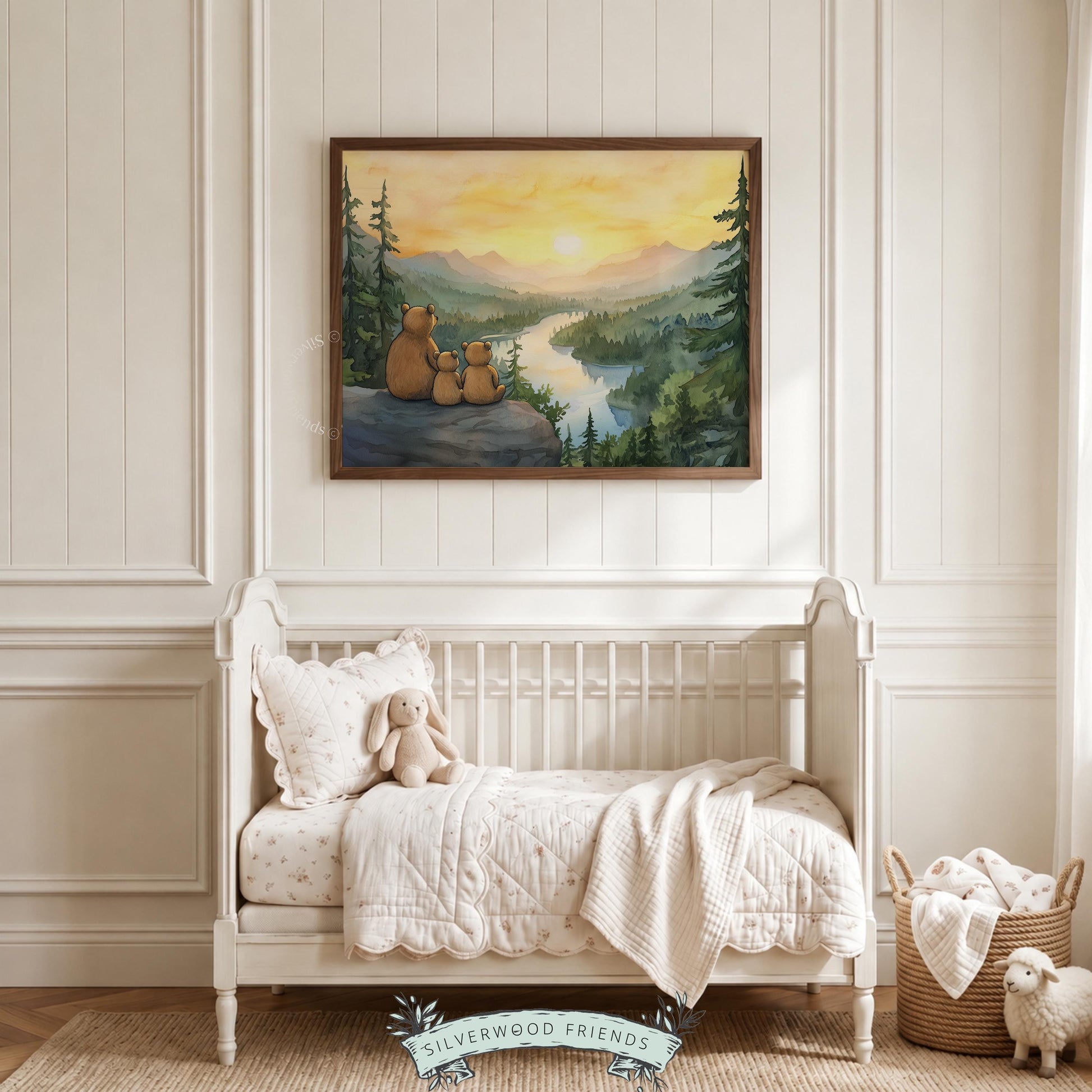 Nature lover nursery wall art — cozy bear family illustration with rolling green pines and sunset river glow
