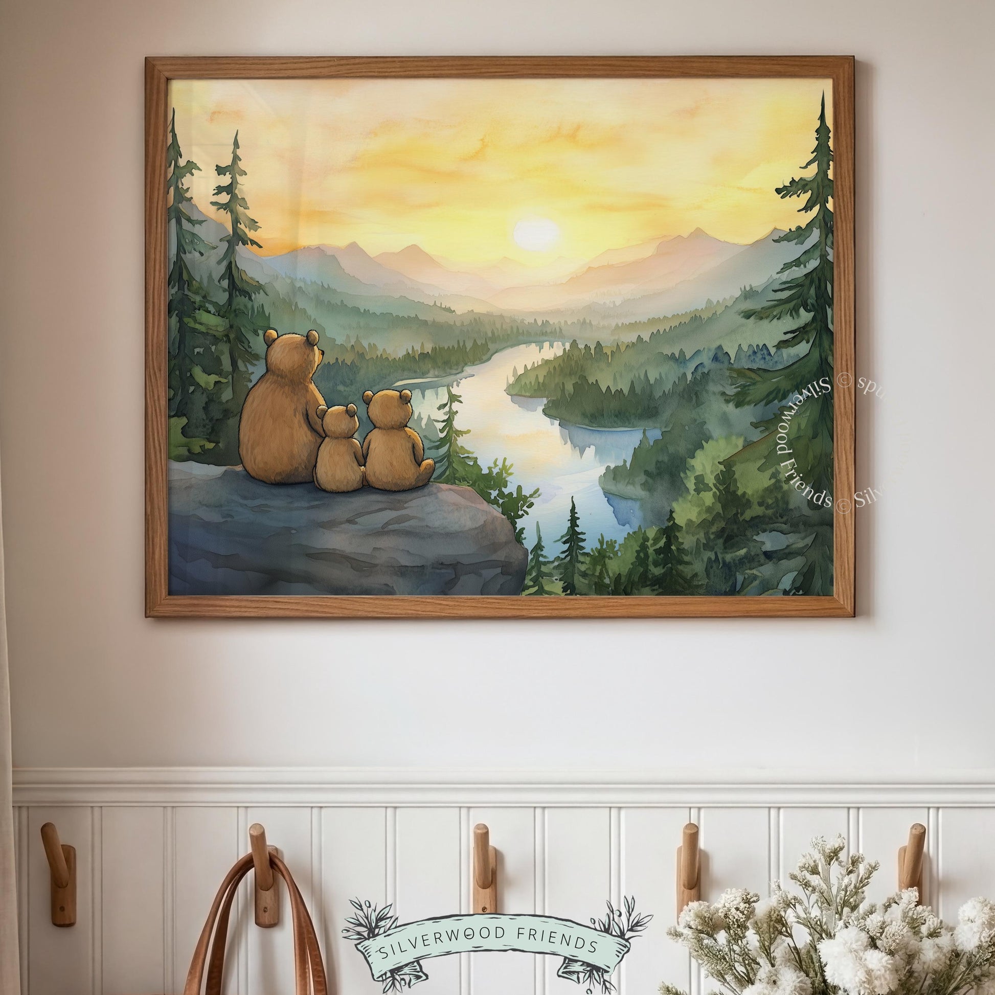 Mountain landscape poster with bear family — gentle watercolor painting featuring golden hour sky and rolling pine forest