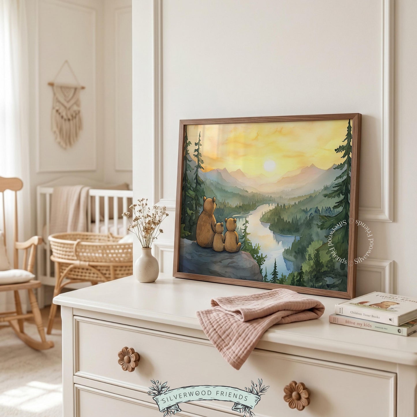 Tender animal moment poster for woodland nursery — mother bear cubs on stone, peaceful alpine valley below
