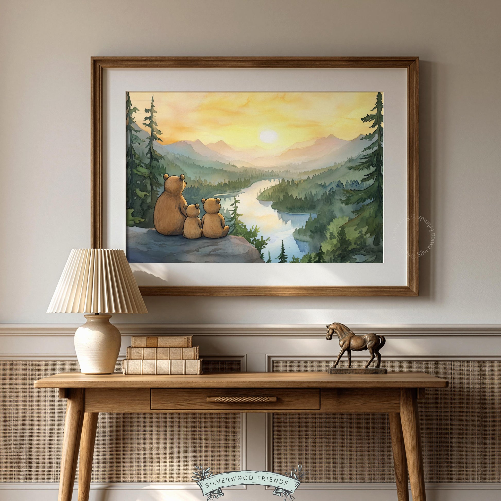 Forest animal wall art for woodland nursery — cozy mama bear family scene overlooking misty river valley at dusk