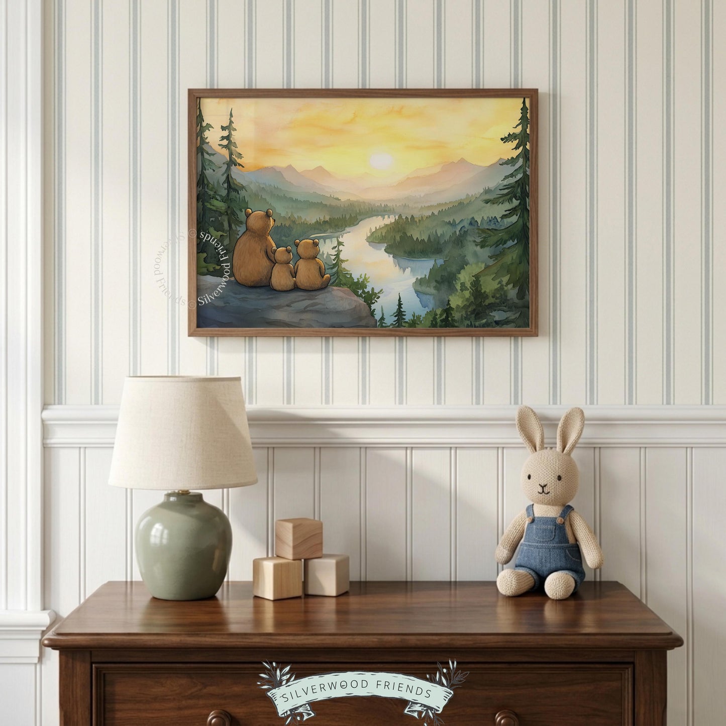 Mama bear and cubs painting wall art for nursery — watercolor woodland scene with golden sunset and mountain river