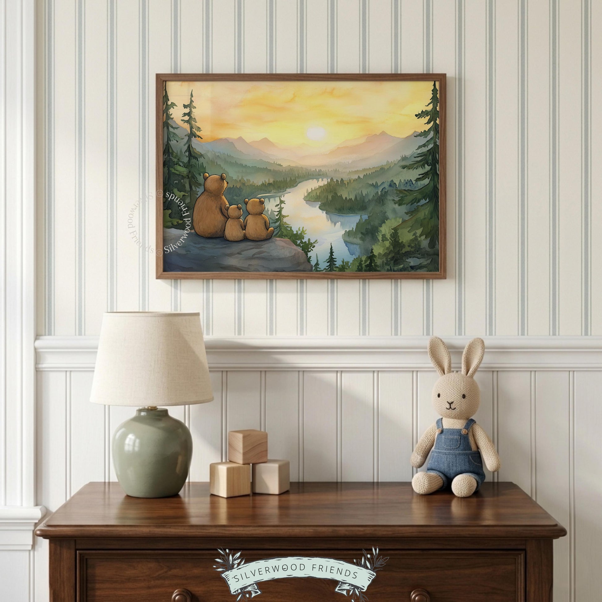 Mama bear and cubs painting wall art for nursery — watercolor woodland scene with golden sunset and mountain river