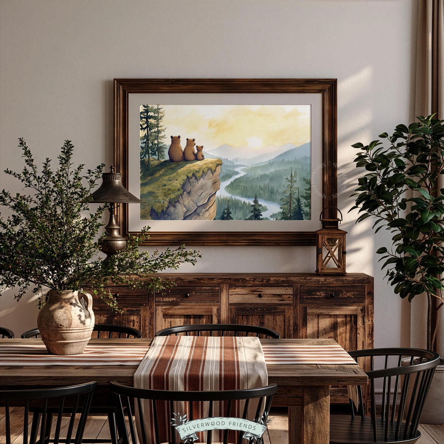 Baby bear family digital print for nursery — watercolor scene of woodland animals gazing at scenic vista