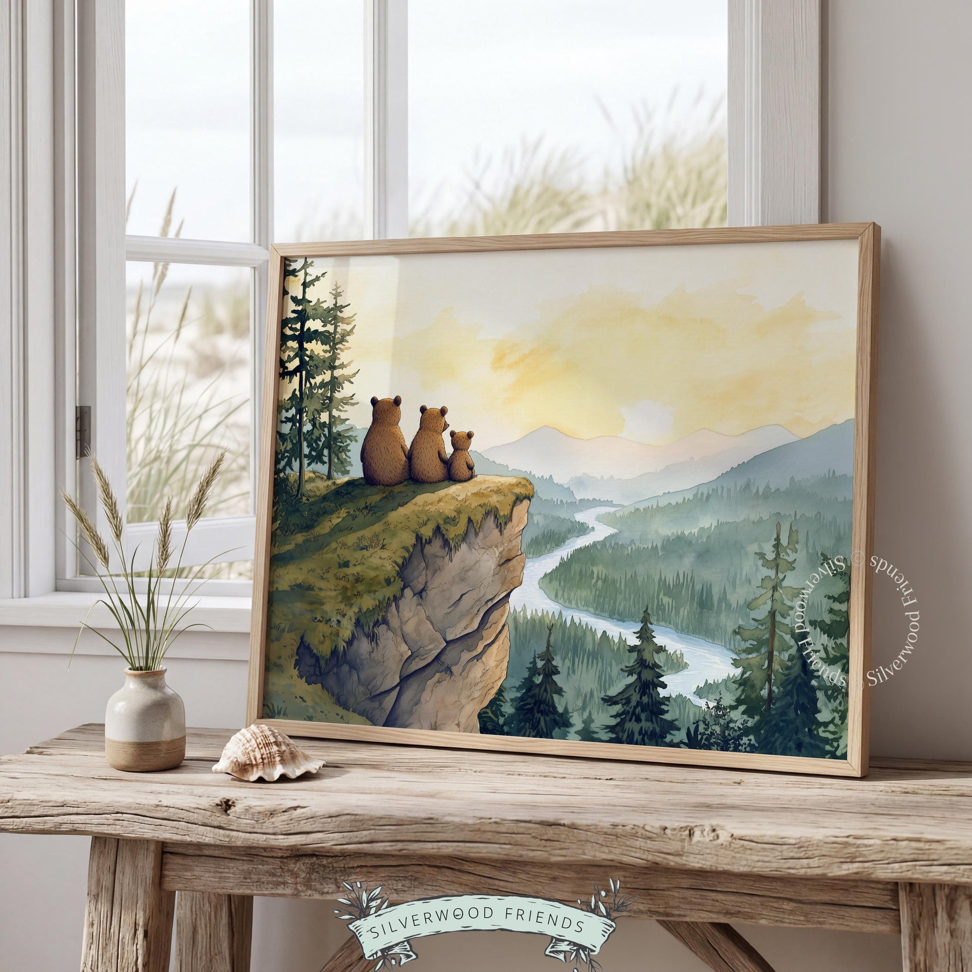 Cozy cabin wall art featuring bears poster — nature landscape with soft colors and peaceful mountain setting