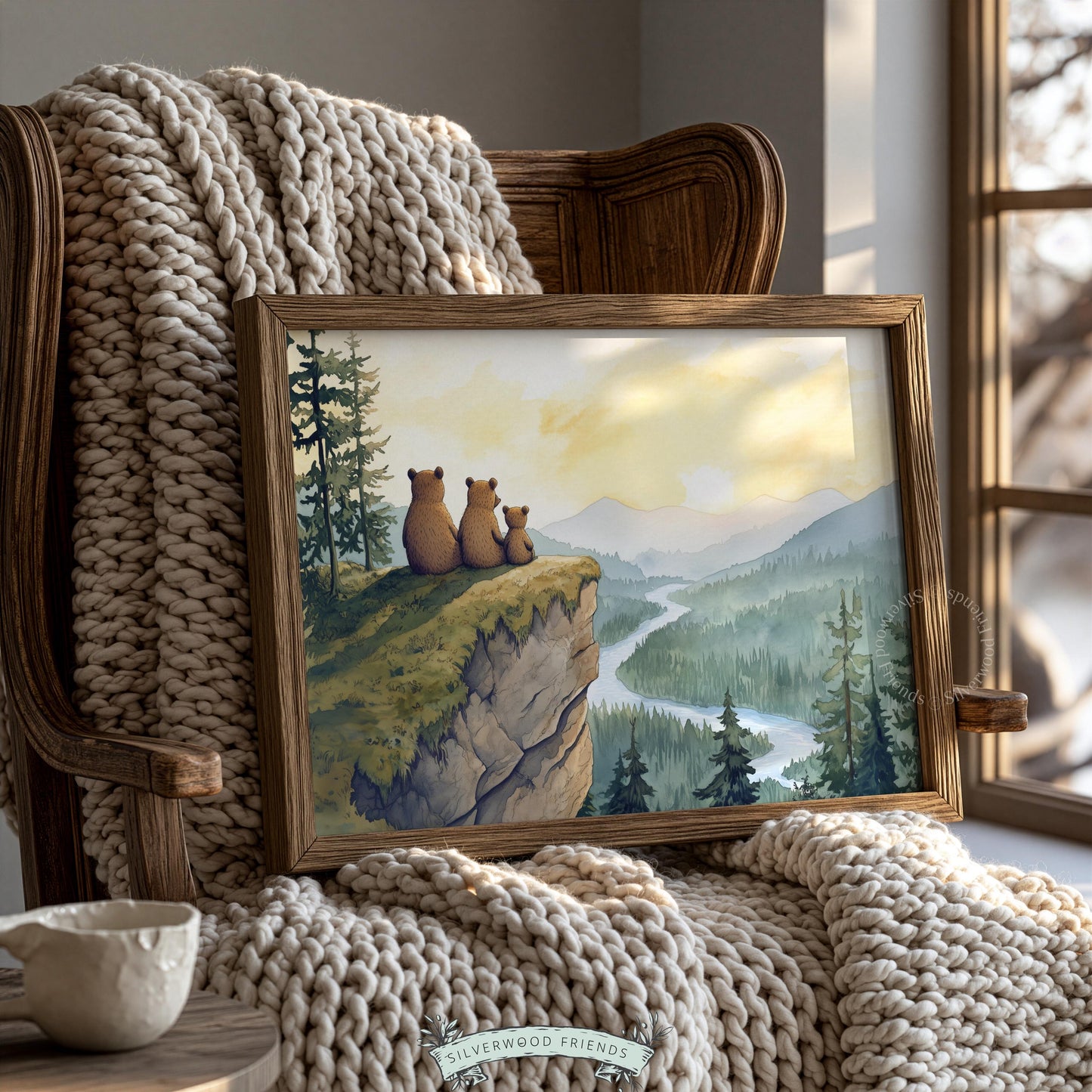 Wildlife family portrait print for baby shower gift — cozy bears overlooking scenic mountain gorge landscape