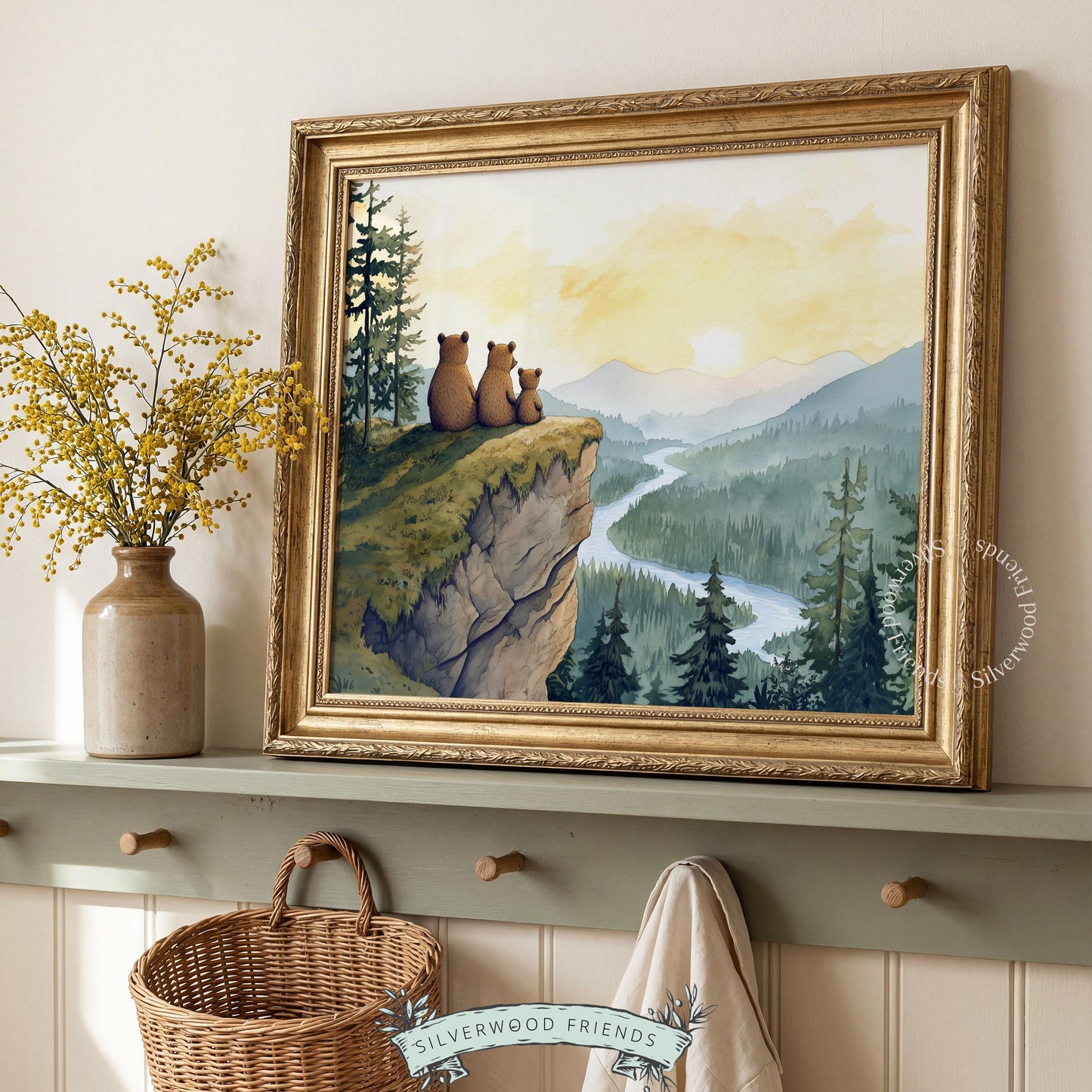 Forest creatures picture for nursery walls — serene bears on overlook with calm river winding through valley