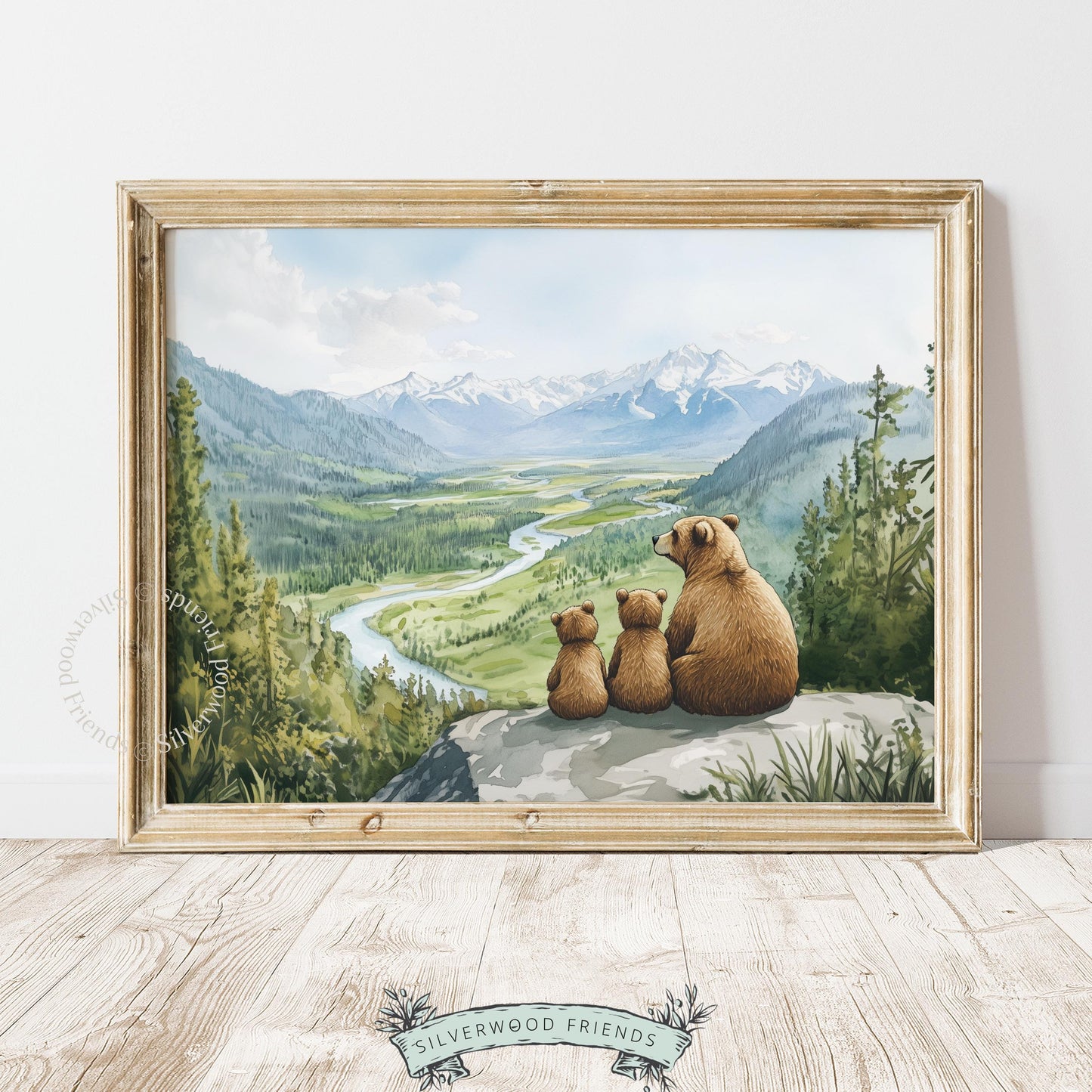 Forest animal digital print for nursery — warm watercolor painting of bear family gazing at nature