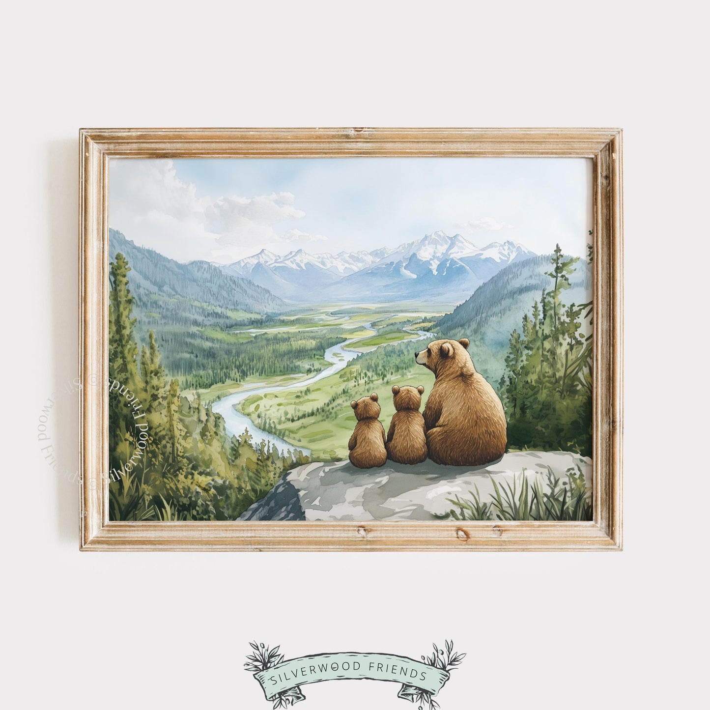 Mountain landscape poster with bear family — cottagecore aesthetic with sweeping valley and pine forest