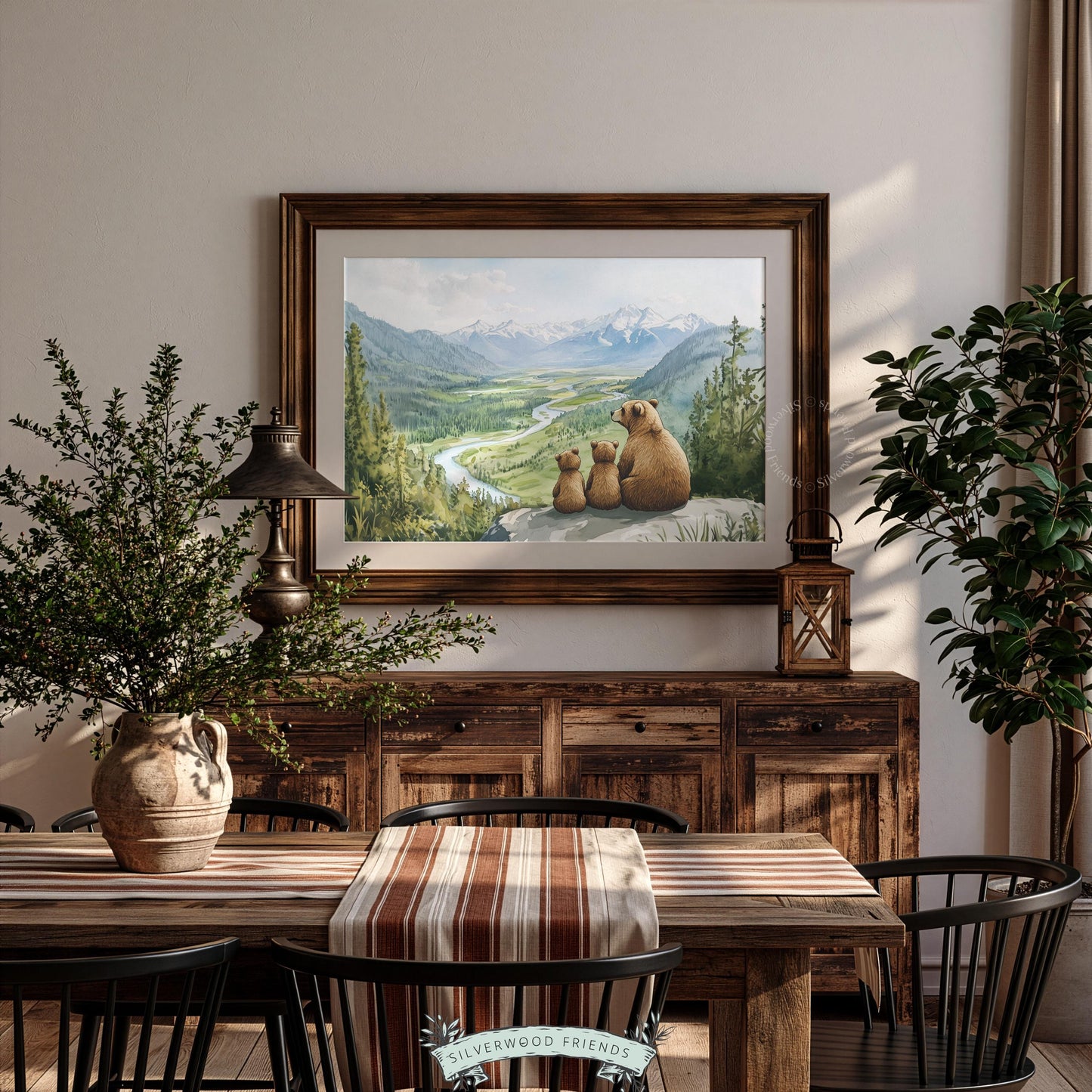 Bear family picture for woodland nursery — cozy forest scene with snow-capped peaks and pine trees