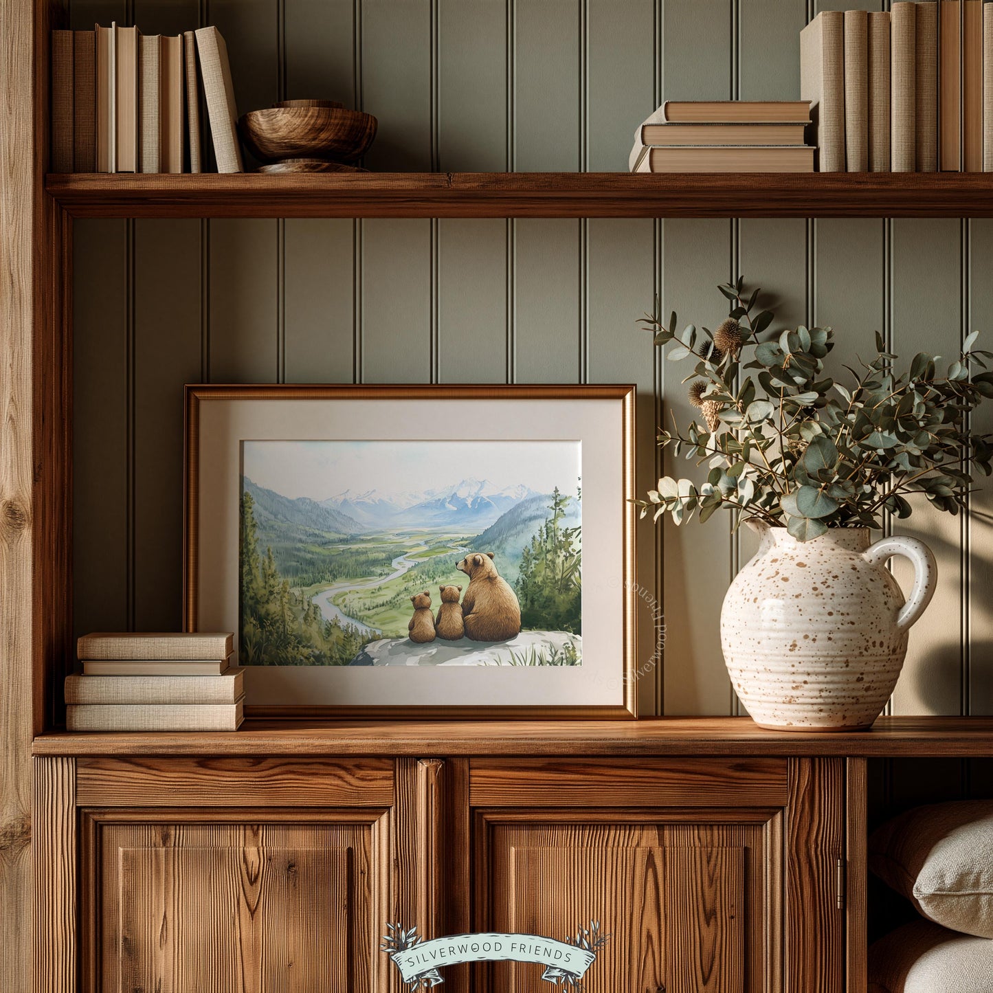 Bear family scene printable art for playroom — tranquil mountain vista with lush valley below
