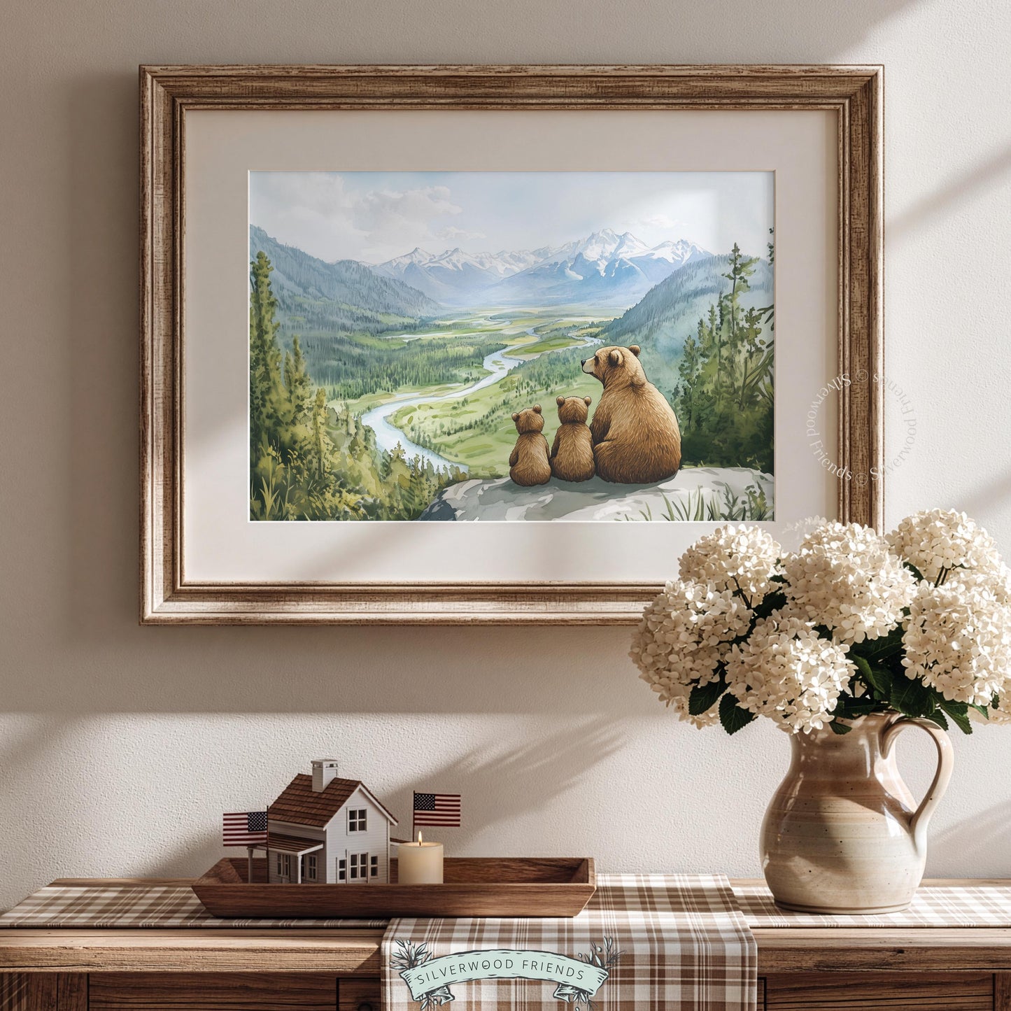 Nature-inspired bear print for kids' room — serene valley view with family of bears on rocky perch