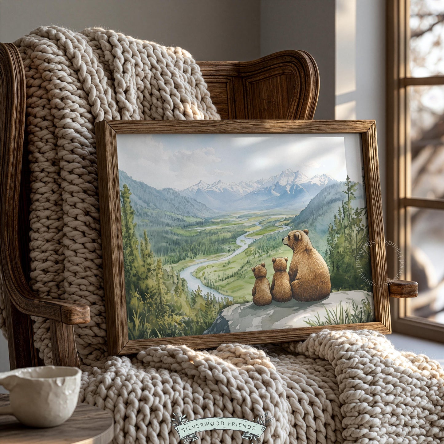 Forest scene digital art for baby nursery — gentle watercolor depicting bears overlooking river valley