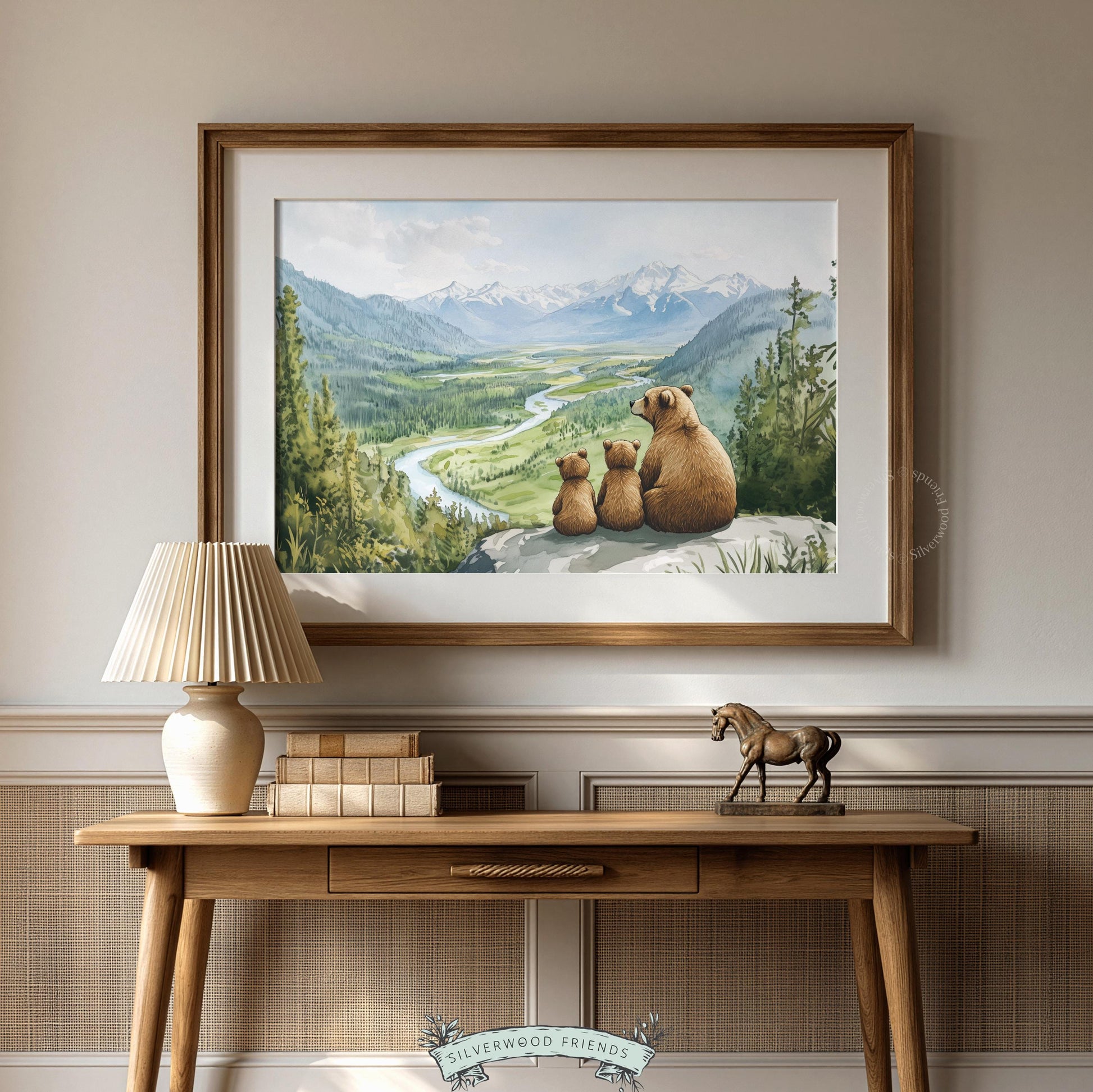 Cozy forest poster with bears for nursery — watercolor painting of family gazing at scenic overlook
