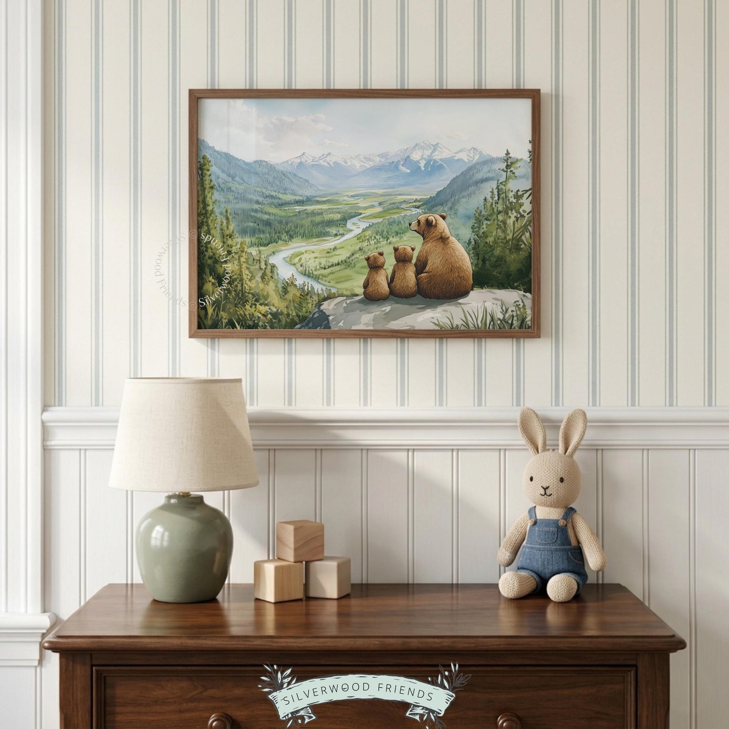 Woodland family picture poster for nursery — warm, cozy landscape with snow-capped peaks and forest