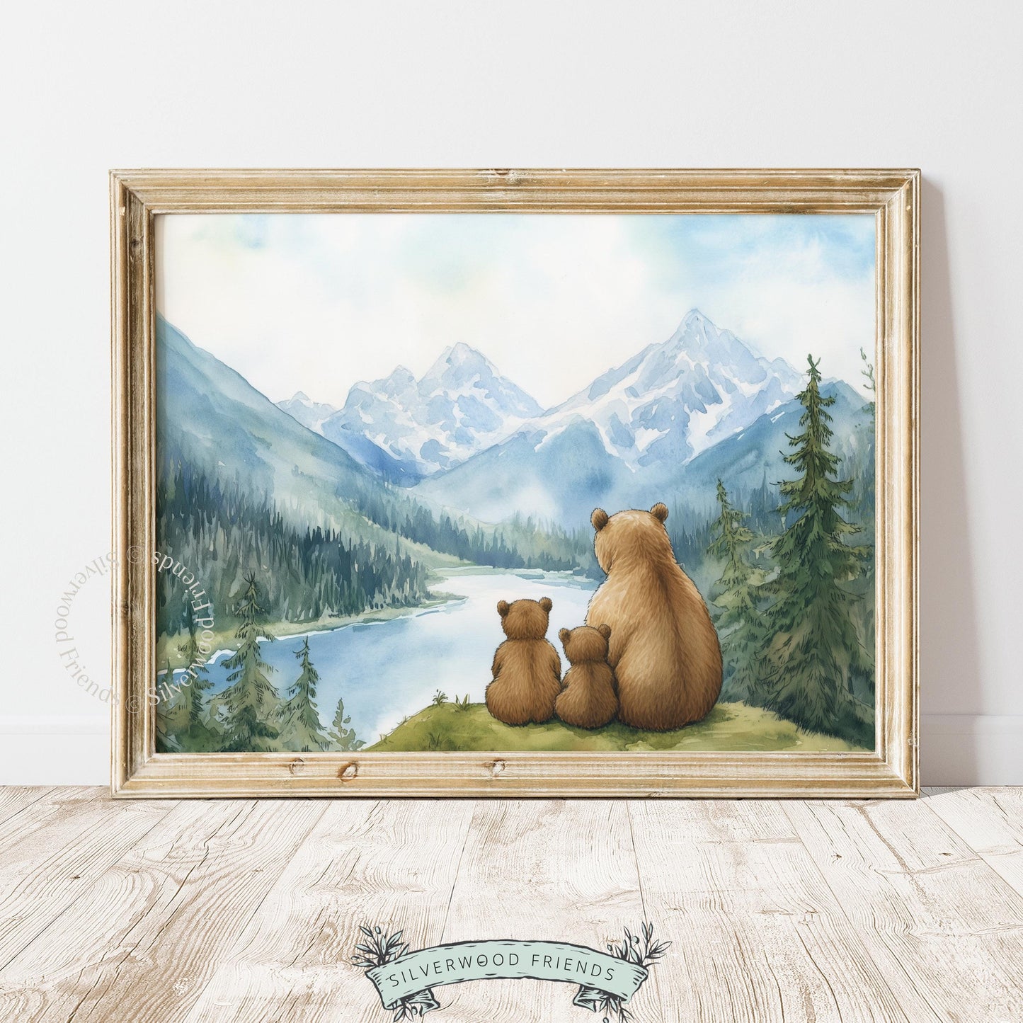 Nursery wall art printable of bear family in mountains — soft storybook style with alpine setting