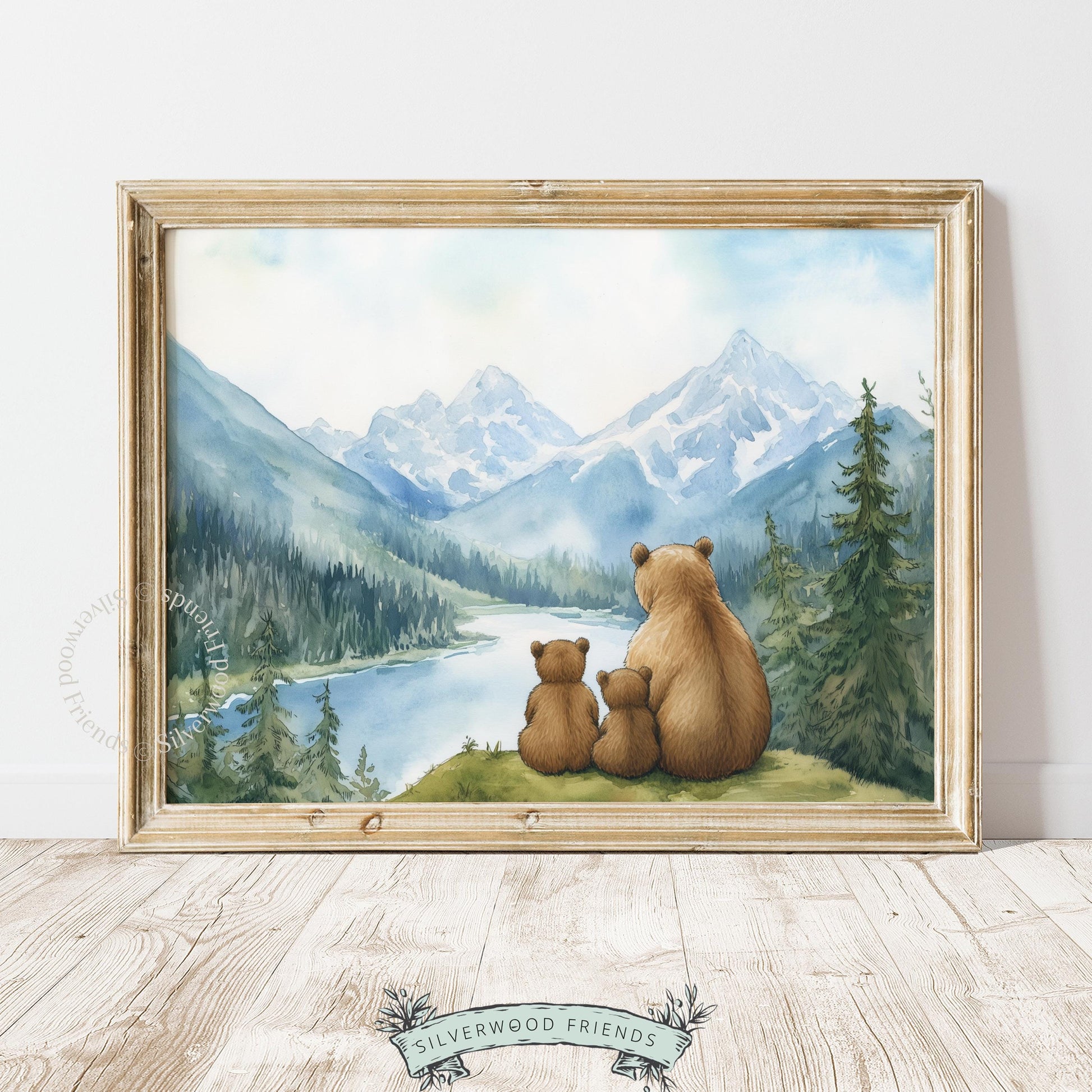 Nursery wall art printable of bear family in mountains — soft storybook style with alpine setting