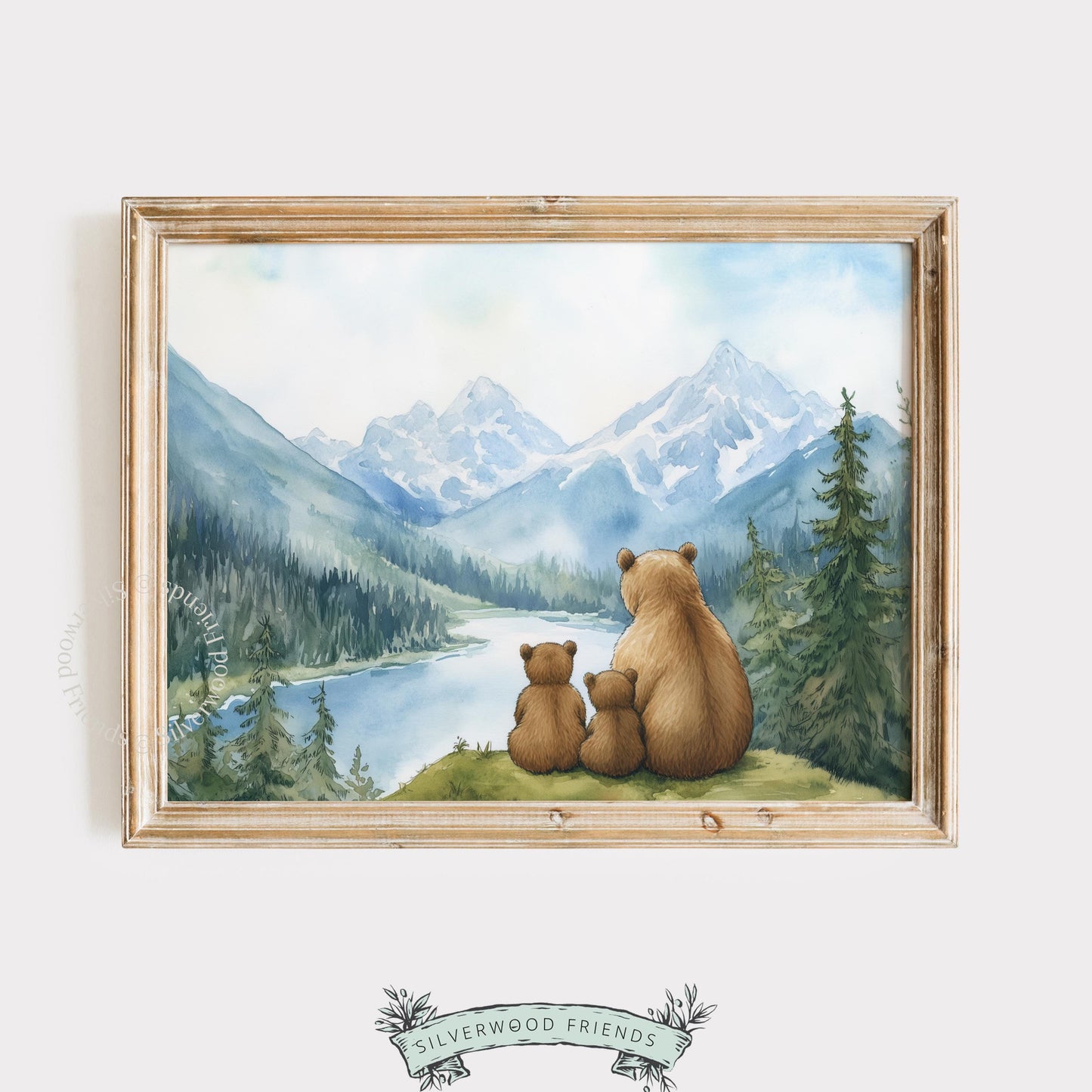 Cute bear mama and cubs instant download art for baby shower — serene lake and mountain backdrop