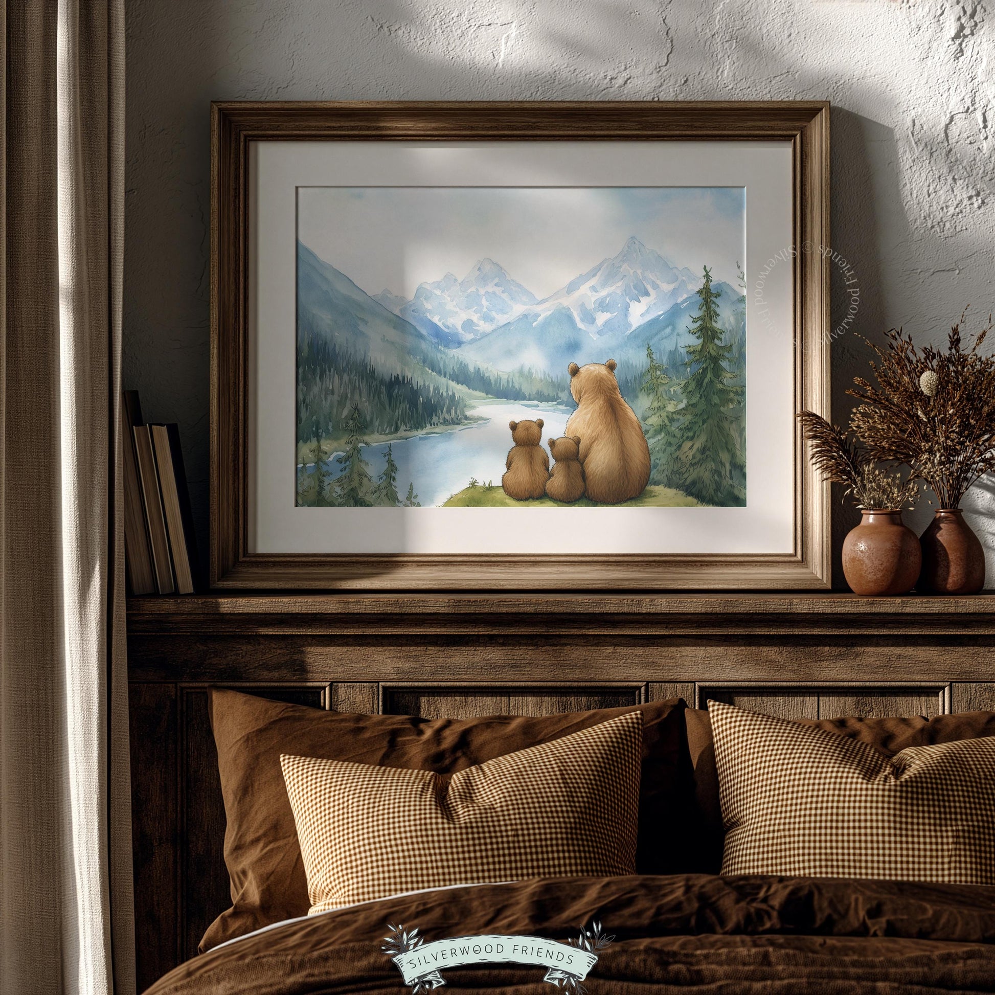 Bear family gazing at scenic landscape printable poster for kids' room — soft watercolor nature art