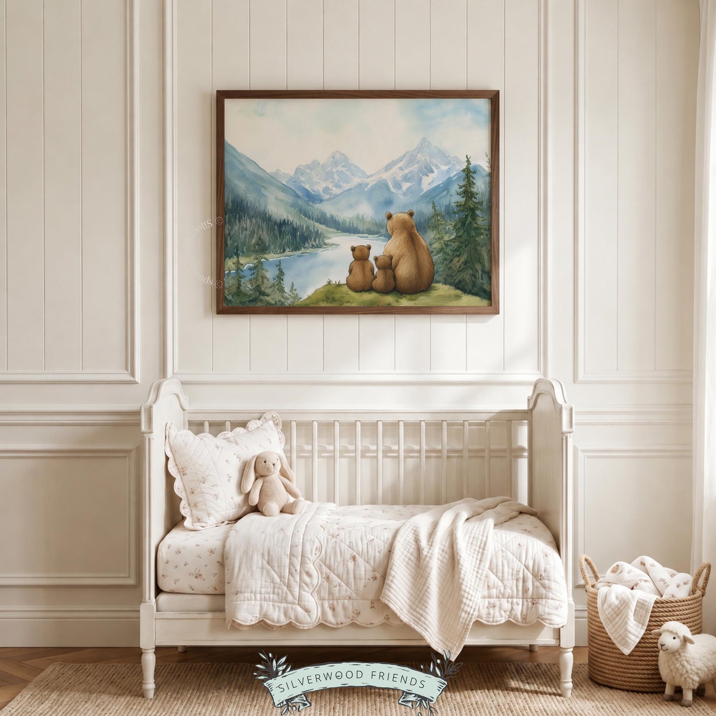 Mother bear with two cubs wall art for baby nursery — gentle storybook illustration with nature theme