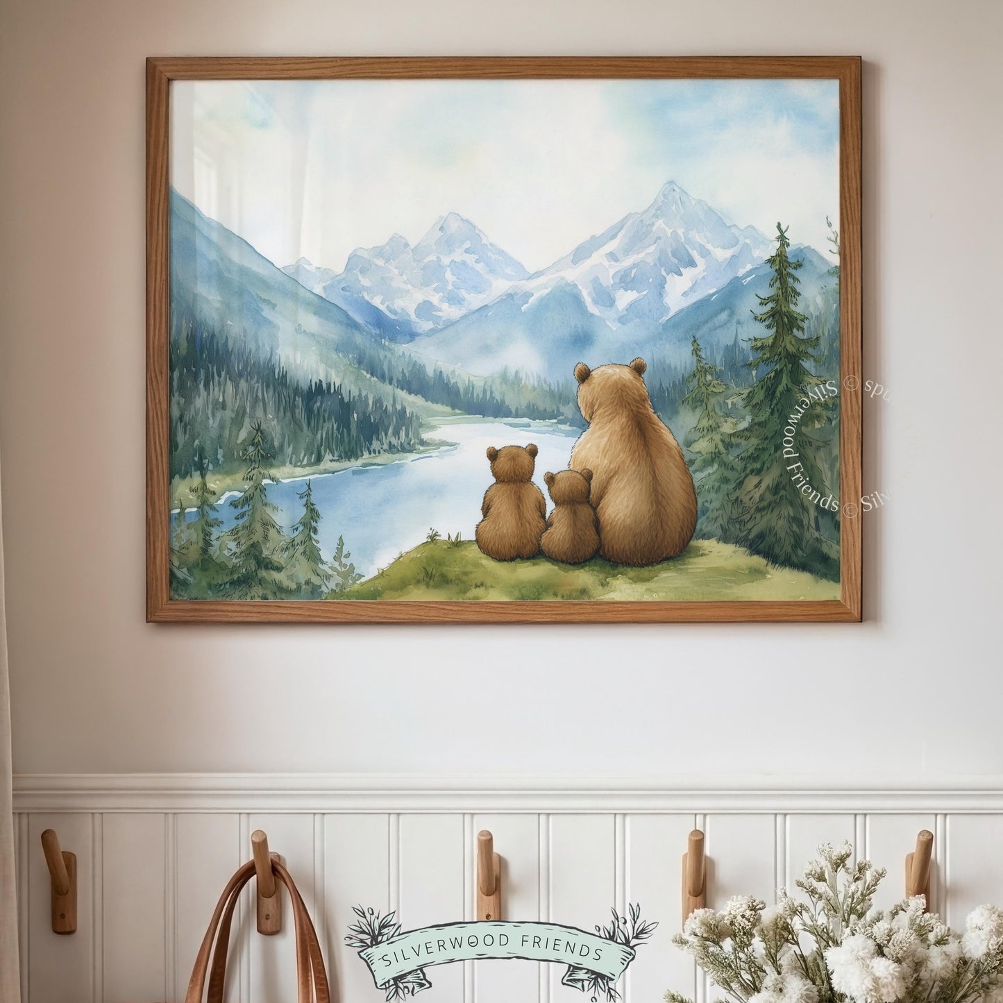 Mama bear and cubs printable art for nursery — watercolor woodland scene with mountains and lake