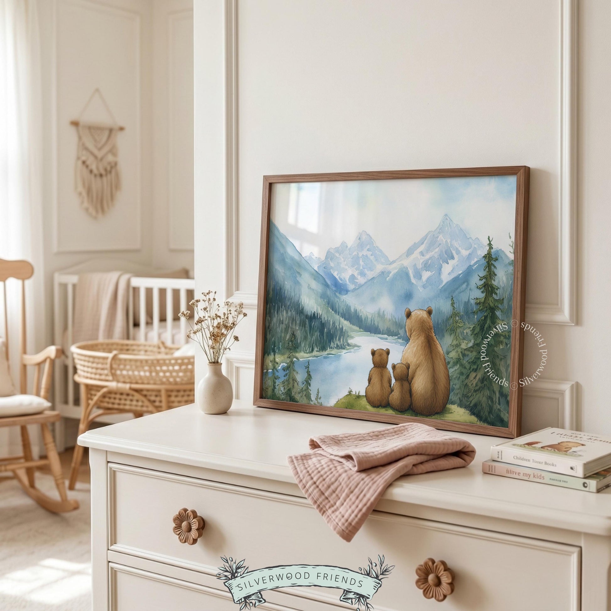 Alpine adventure wall art printable featuring bear family — tender illustration with glassy lake and peaks