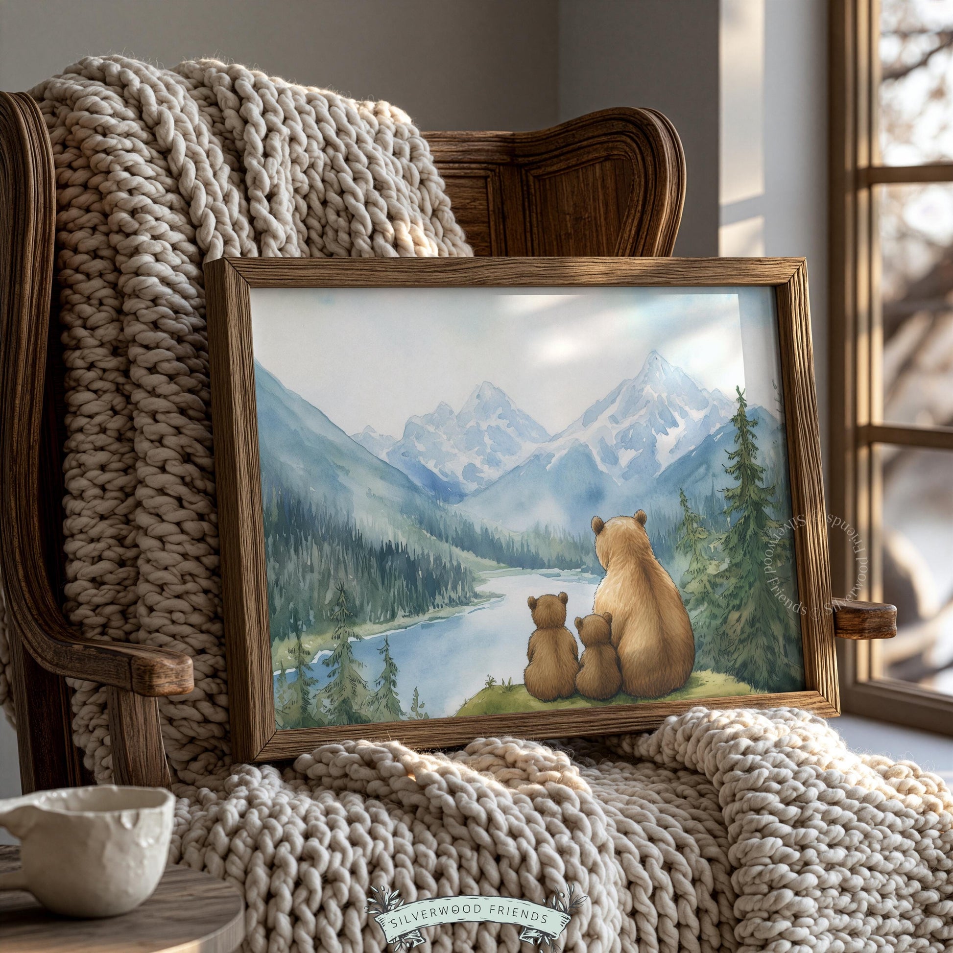 Forest bear family poster printable for woodland nursery — serene mountain vista with snowy peaks
