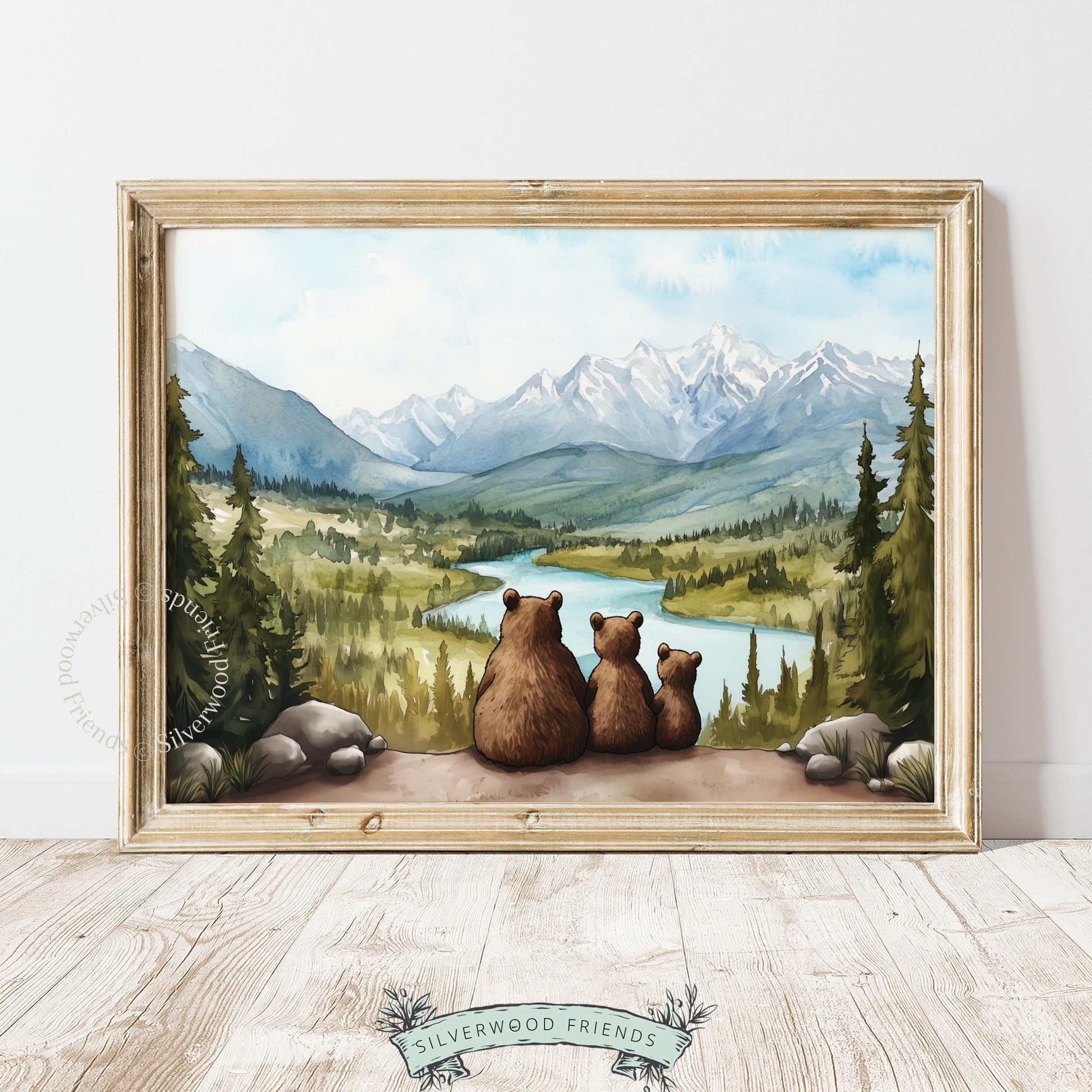 Cozy forest scene poster printable art — three bears with valley, evergreens, and snowy peaks