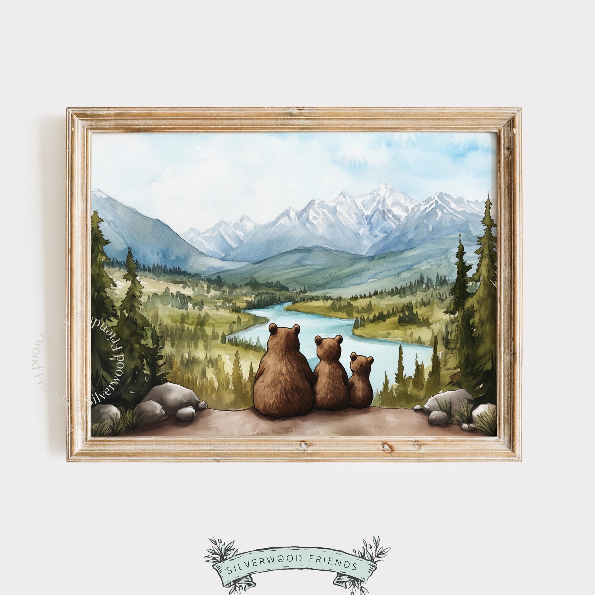 Woodland animals digital print for baby nursery — bears gazing at scenic valley with misty peaks