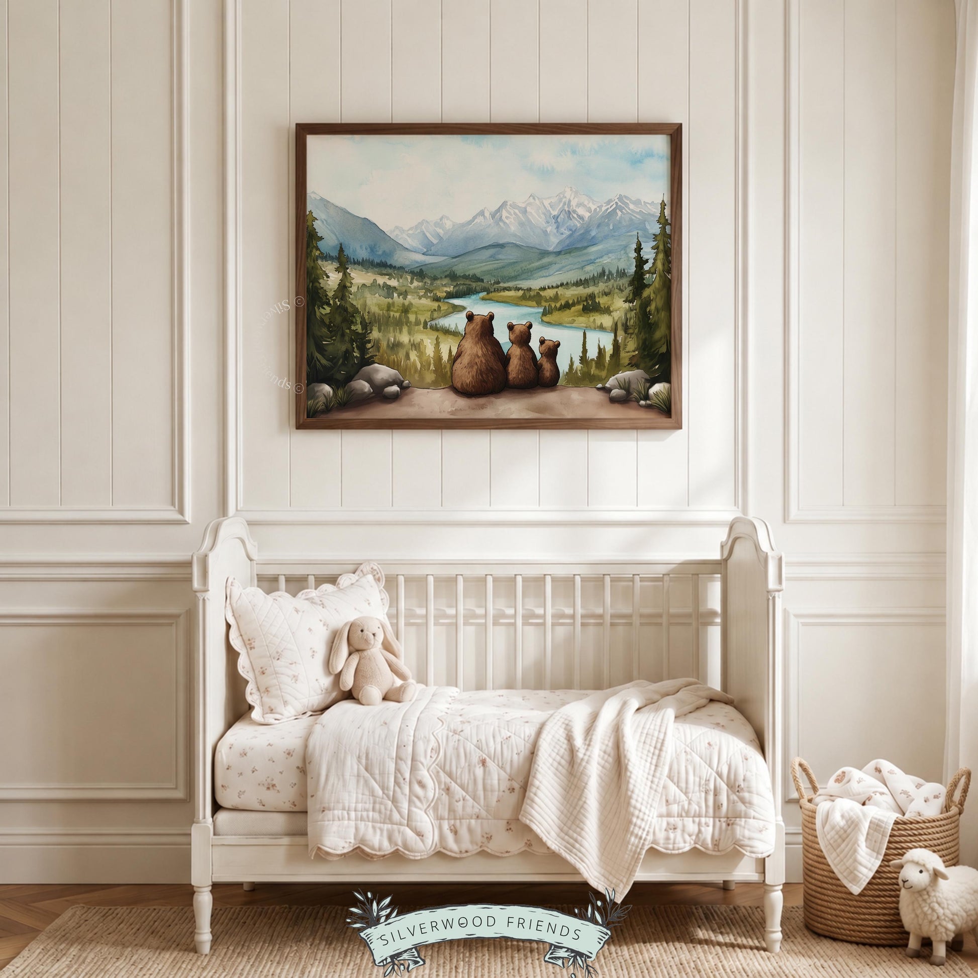 Woodland creatures digital print for baby room — bears overlooking river, forest, and mountain range