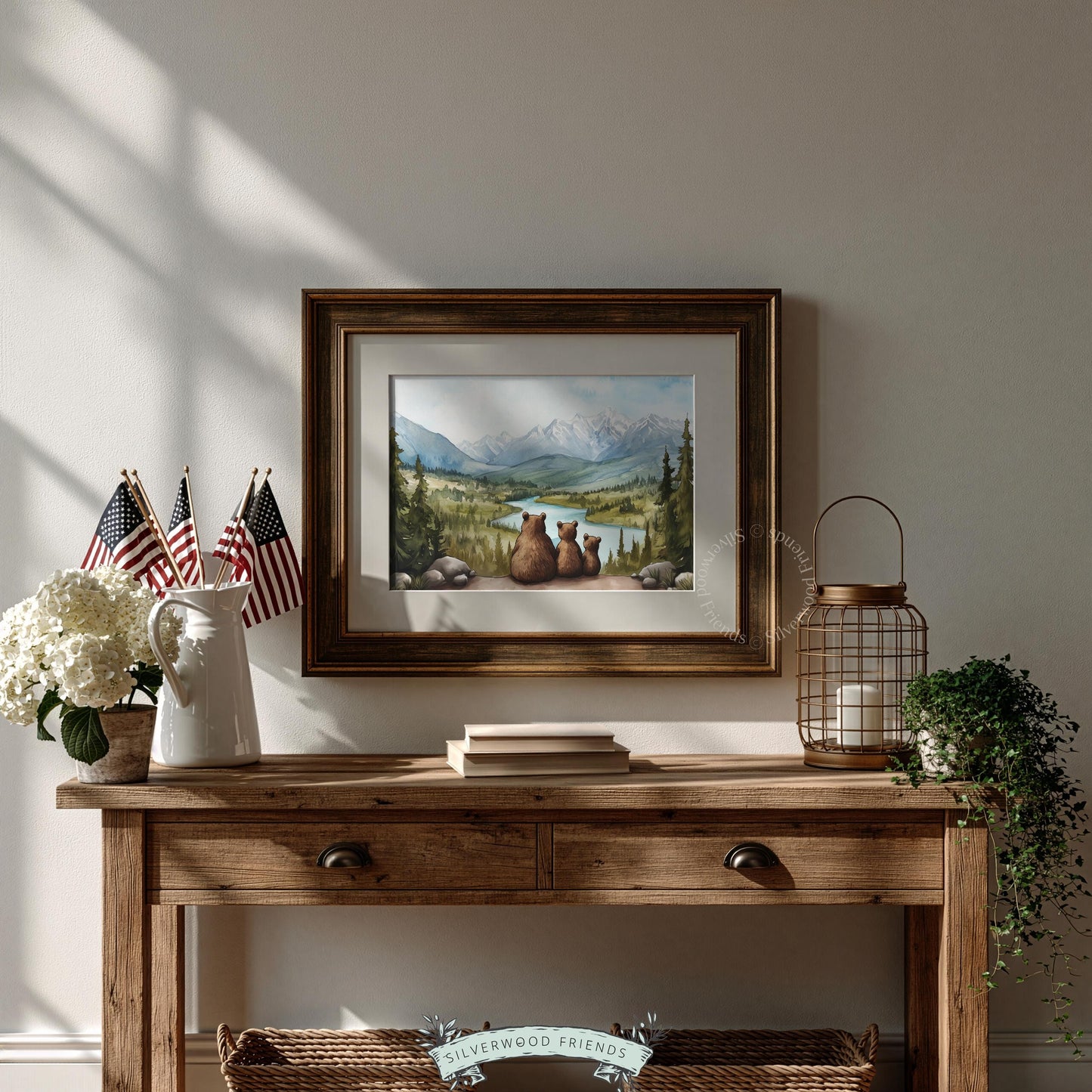 Nature wall print for woodland nursery — watercolor bear family viewing expansive mountain terrain