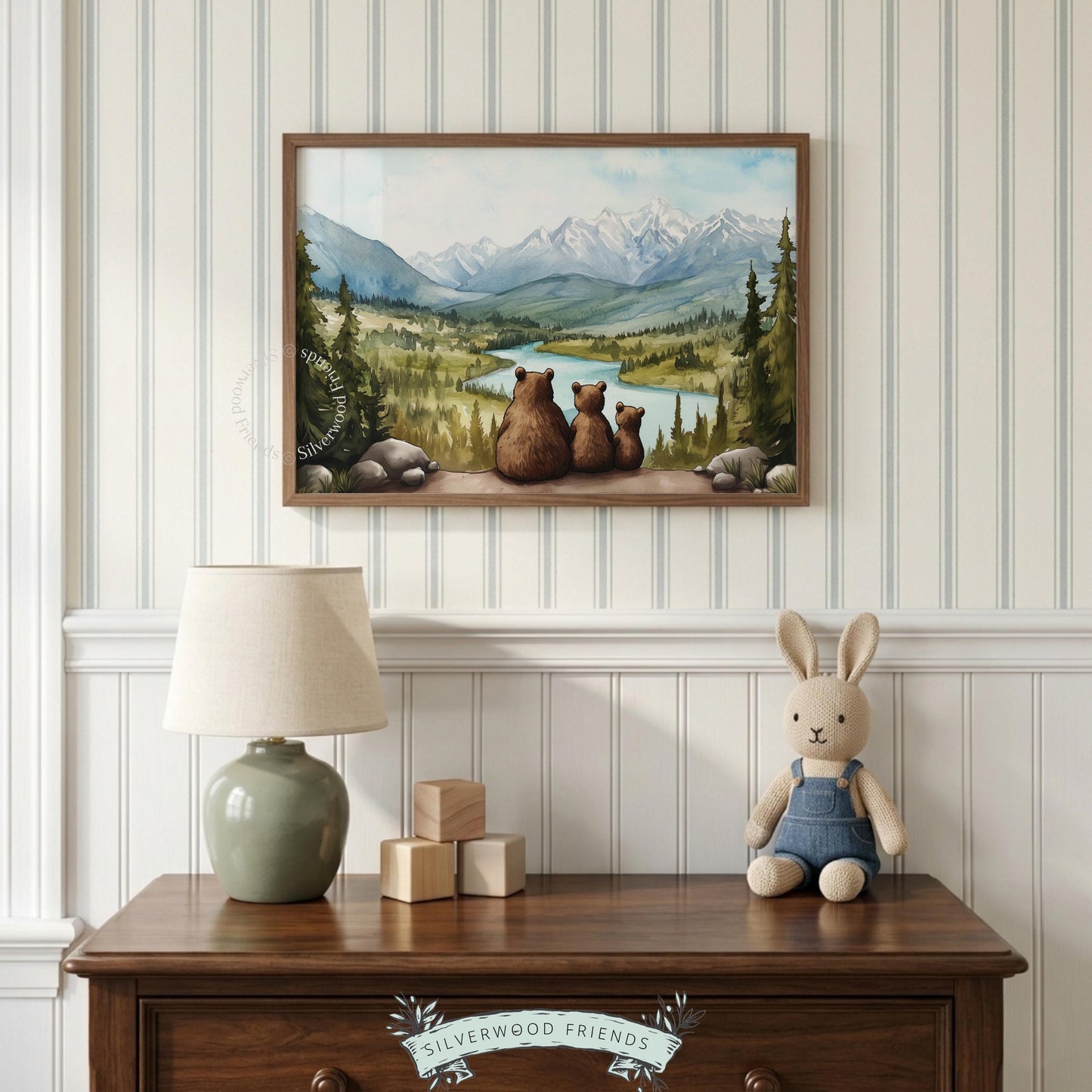 Wildlife landscape poster for baby shower — bear family silhouette with sweeping mountain backdrop
