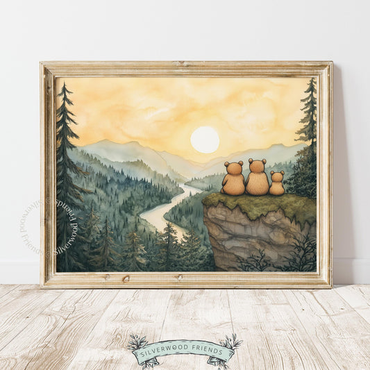 Boho nursery printable art — peaceful woodland bears illustration with warm sunset and nature colors
