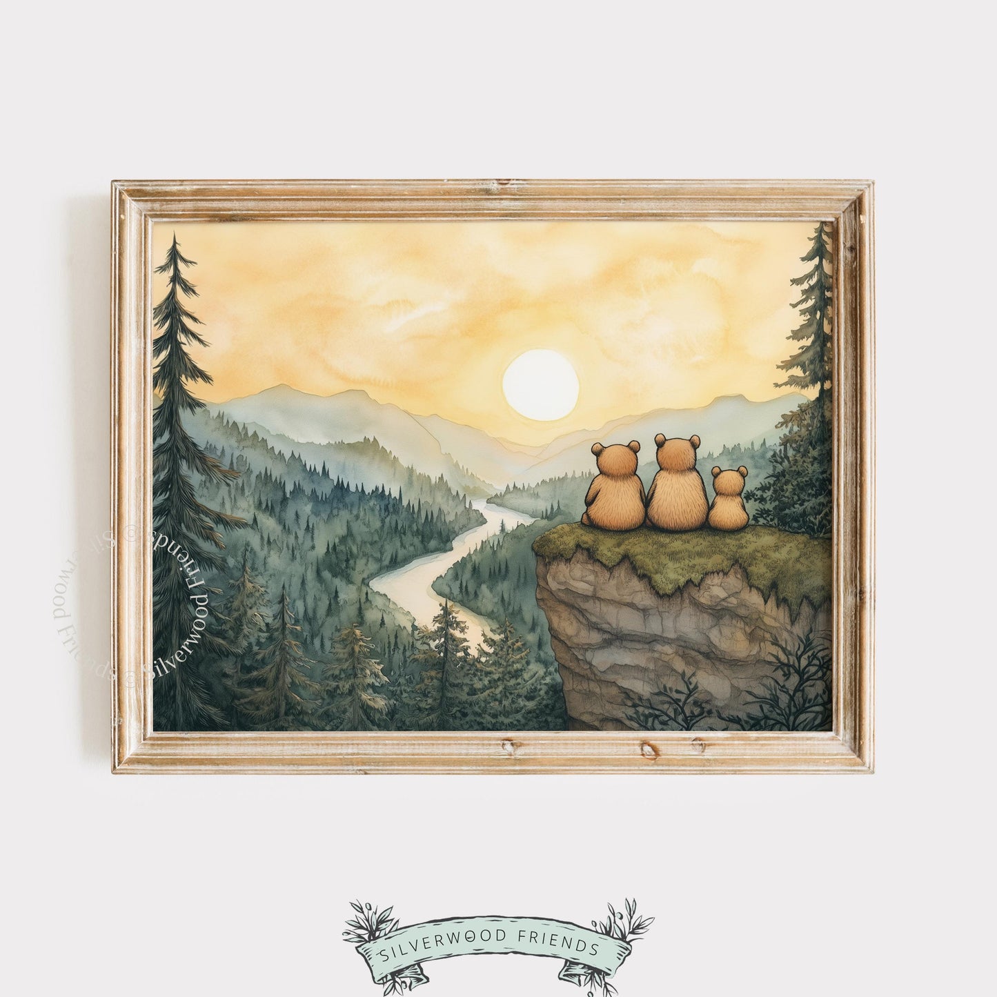 Instant download wall art — cozy bear family watercolor with peaceful mountain landscape and golden sunset