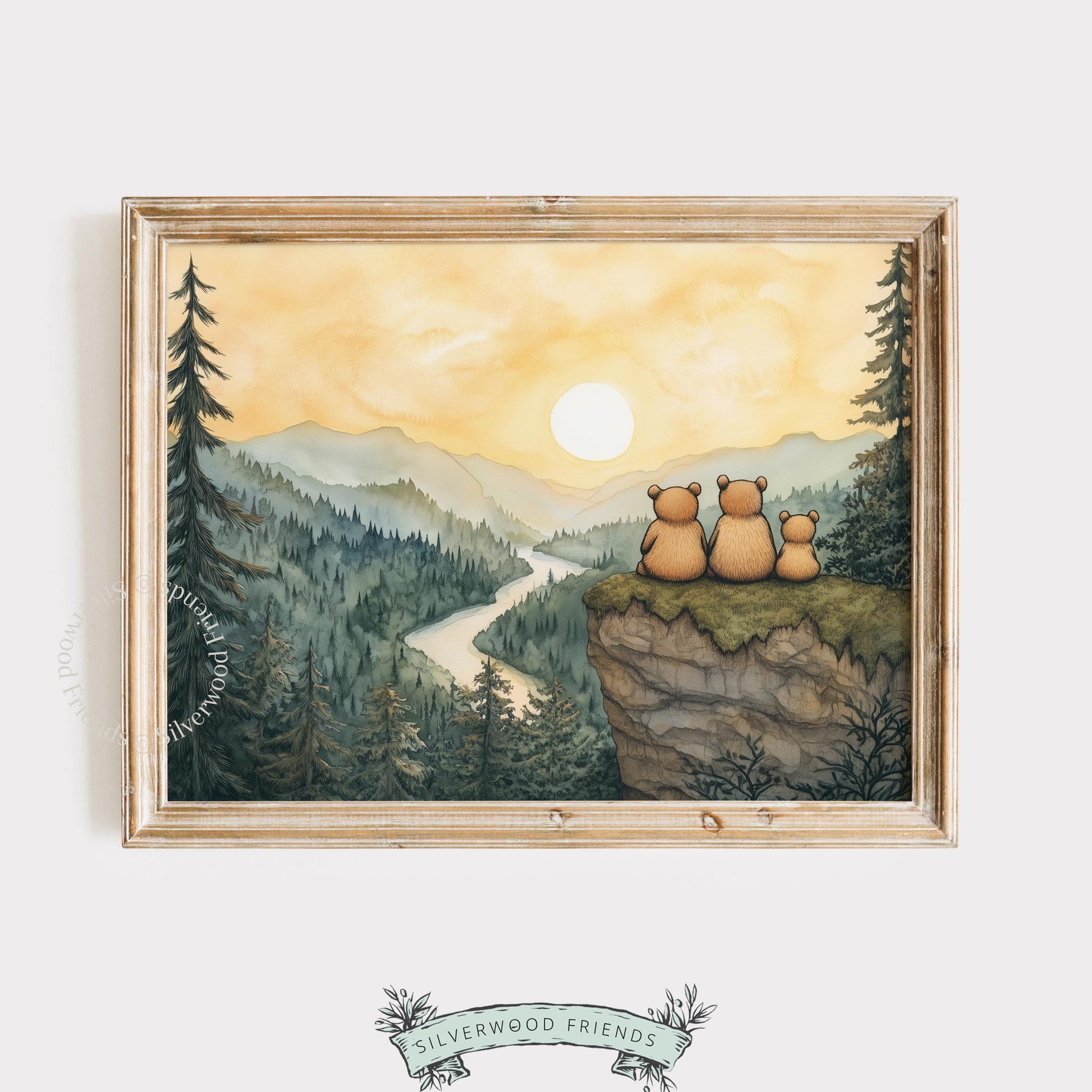 Instant download wall art — cozy bear family watercolor with peaceful mountain landscape and golden sunset