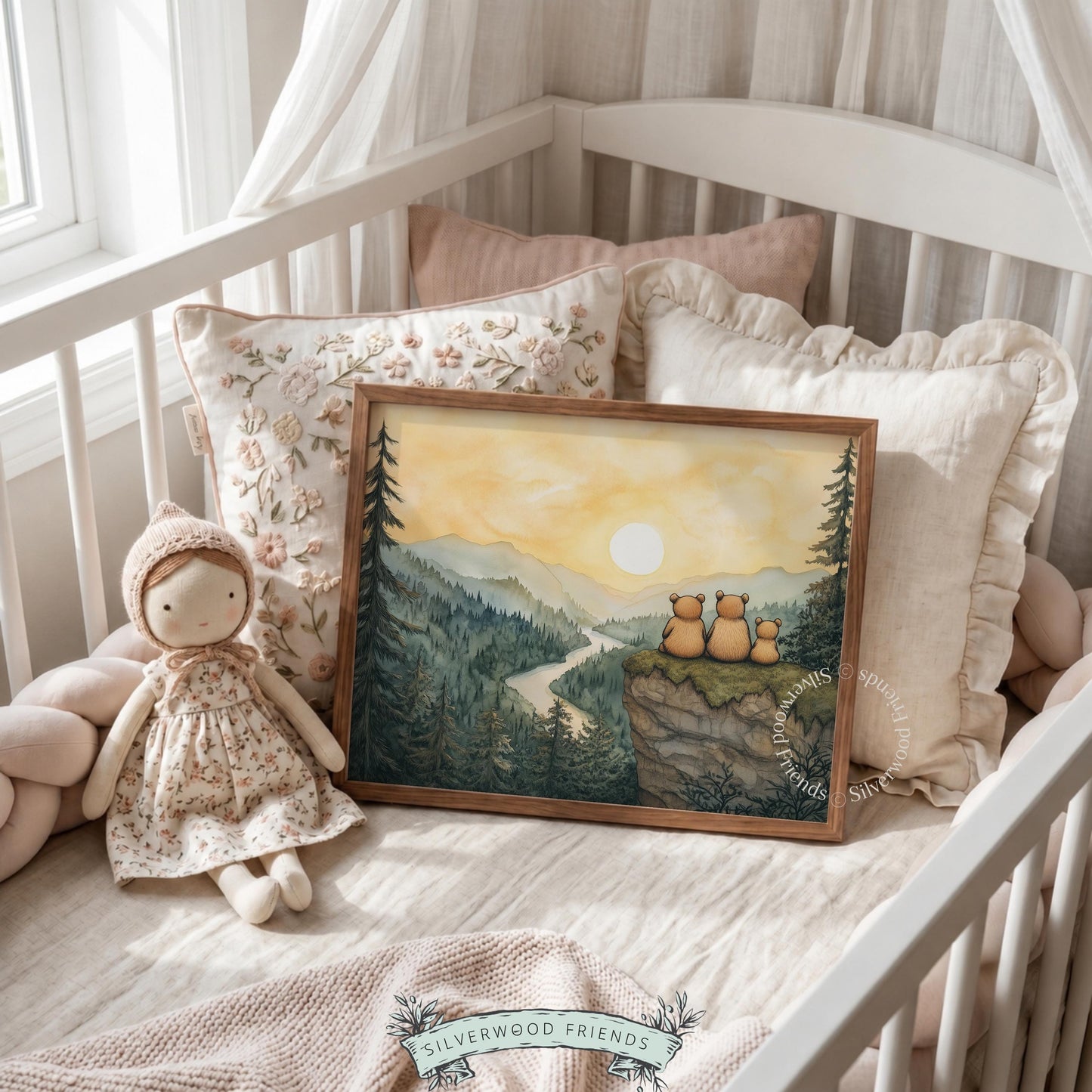 Woodland landscape poster for kids nursery — cute bear trio gazing at scenic mountain and forest vista
