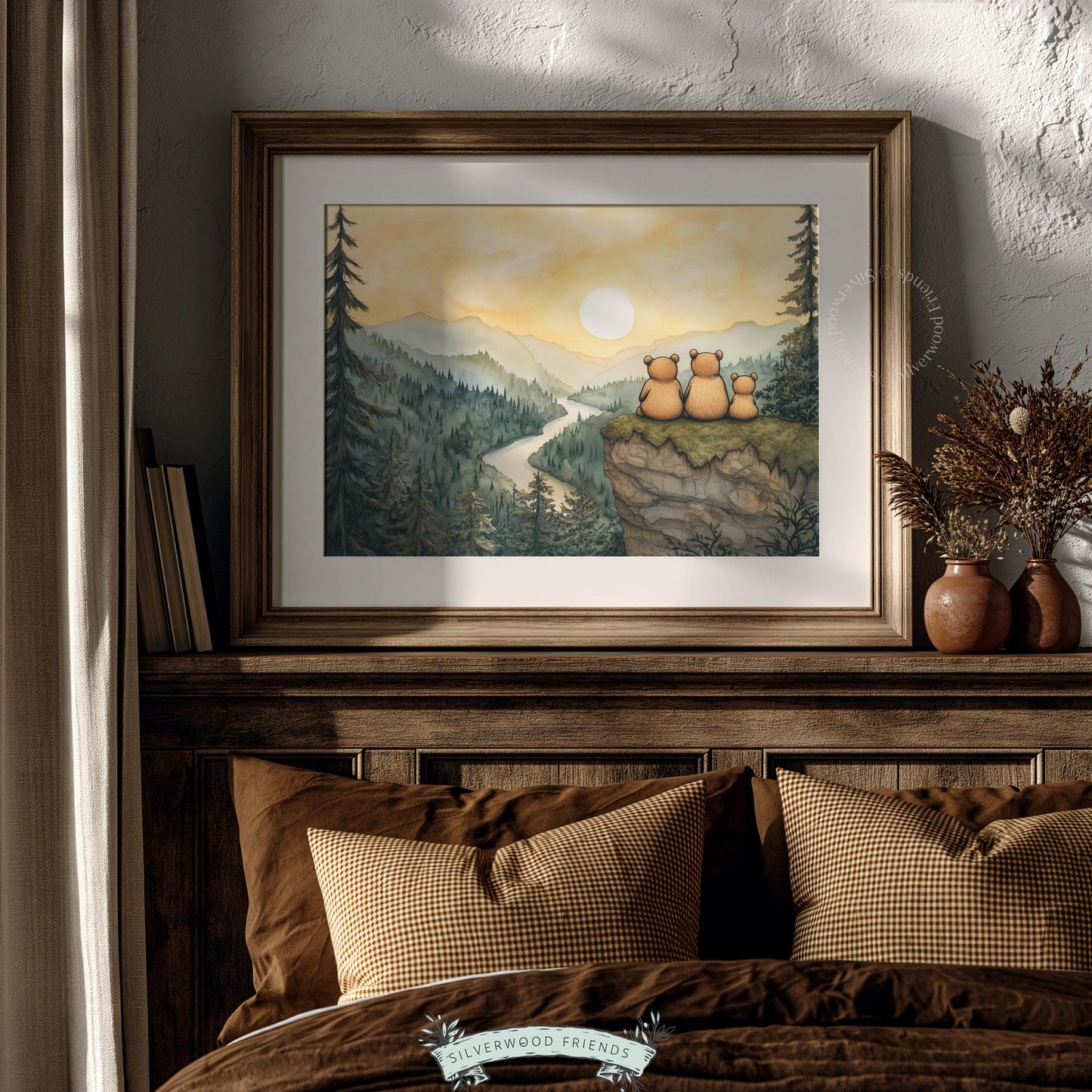 Cute woodland animals wall art for baby nursery — storybook bears gazing at mountain vista with warm sunset