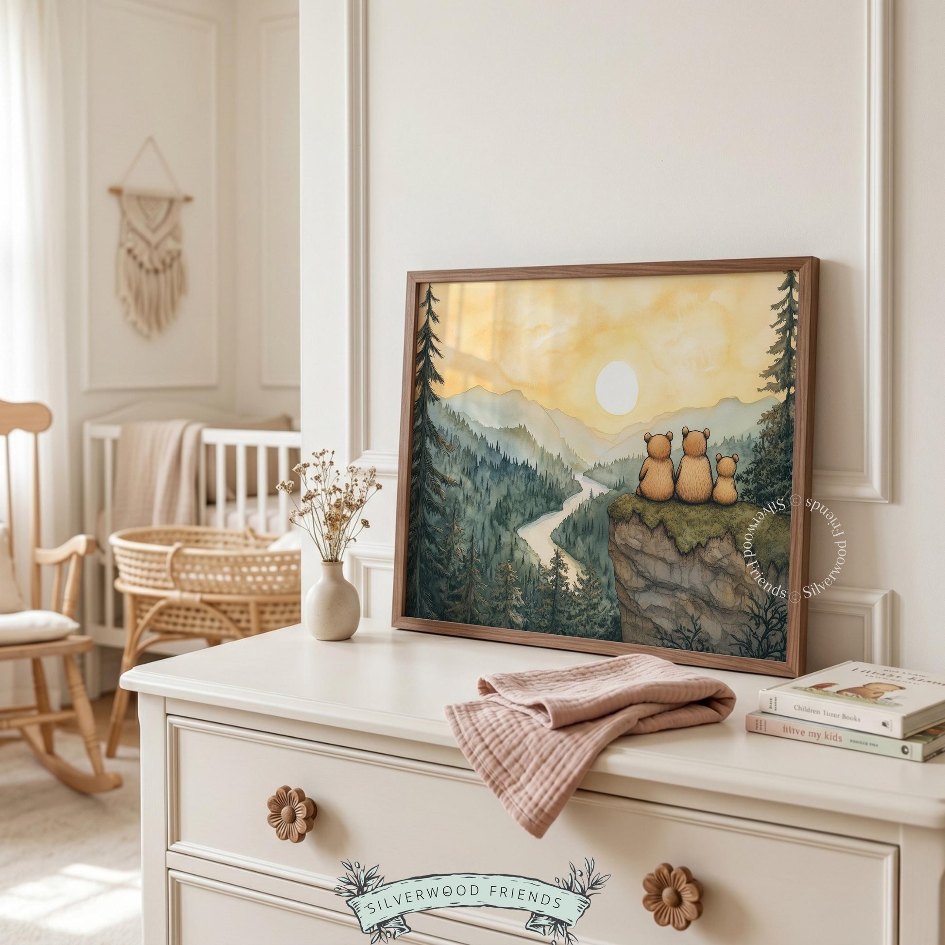 Nature-themed digital print for kids room — storybook bears on rocky cliff with mountain river landscape