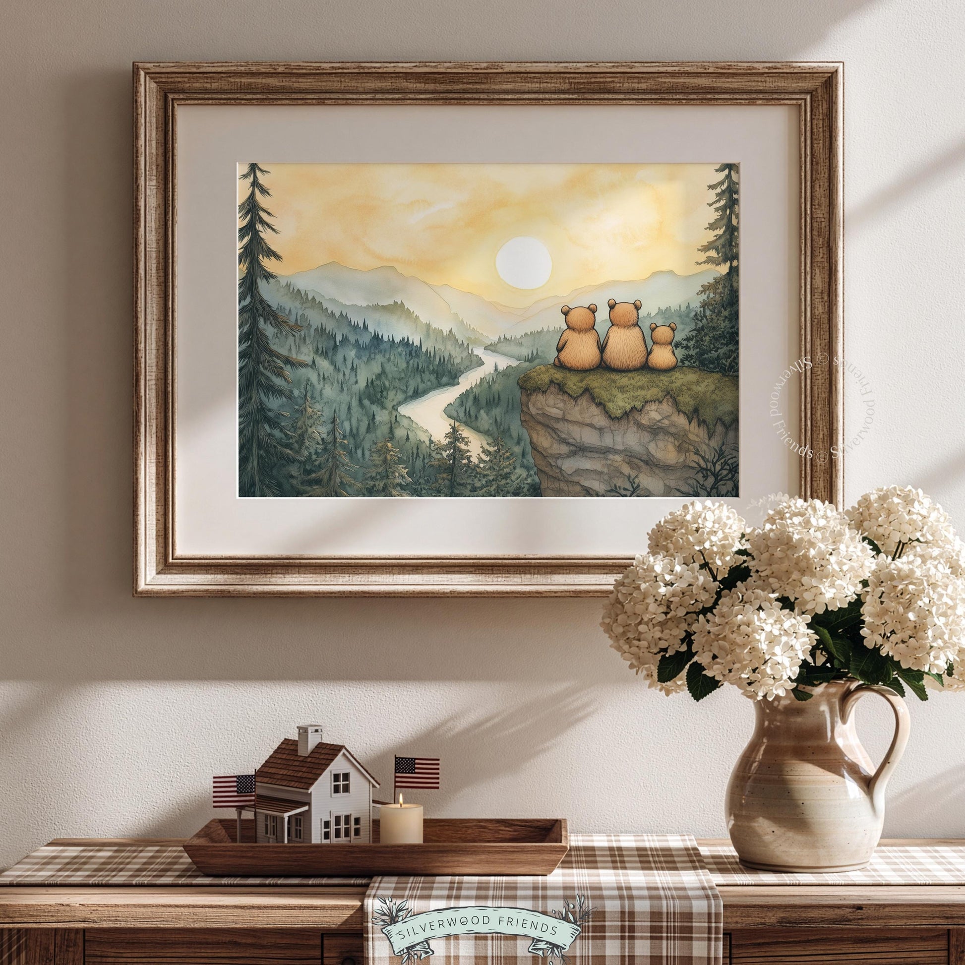 Forest friends printable artwork for nursery — cute bears on hillside with river and mountain range background