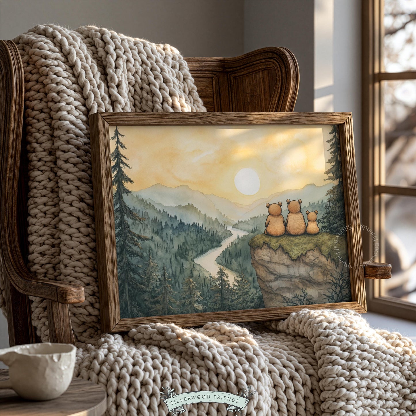 Storybook animal poster for kids — gentle watercolor scene of three bears on cliff with golden hour lighting