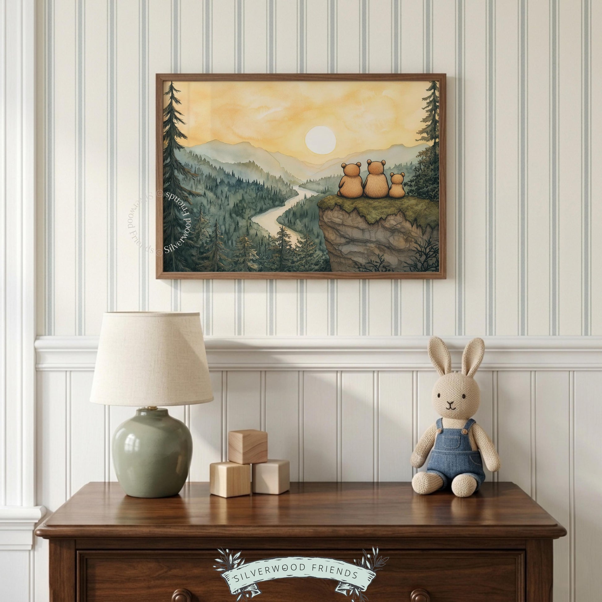 Instant download nursery poster — adorable bears on rocky outcrop with serene landscape backdrop