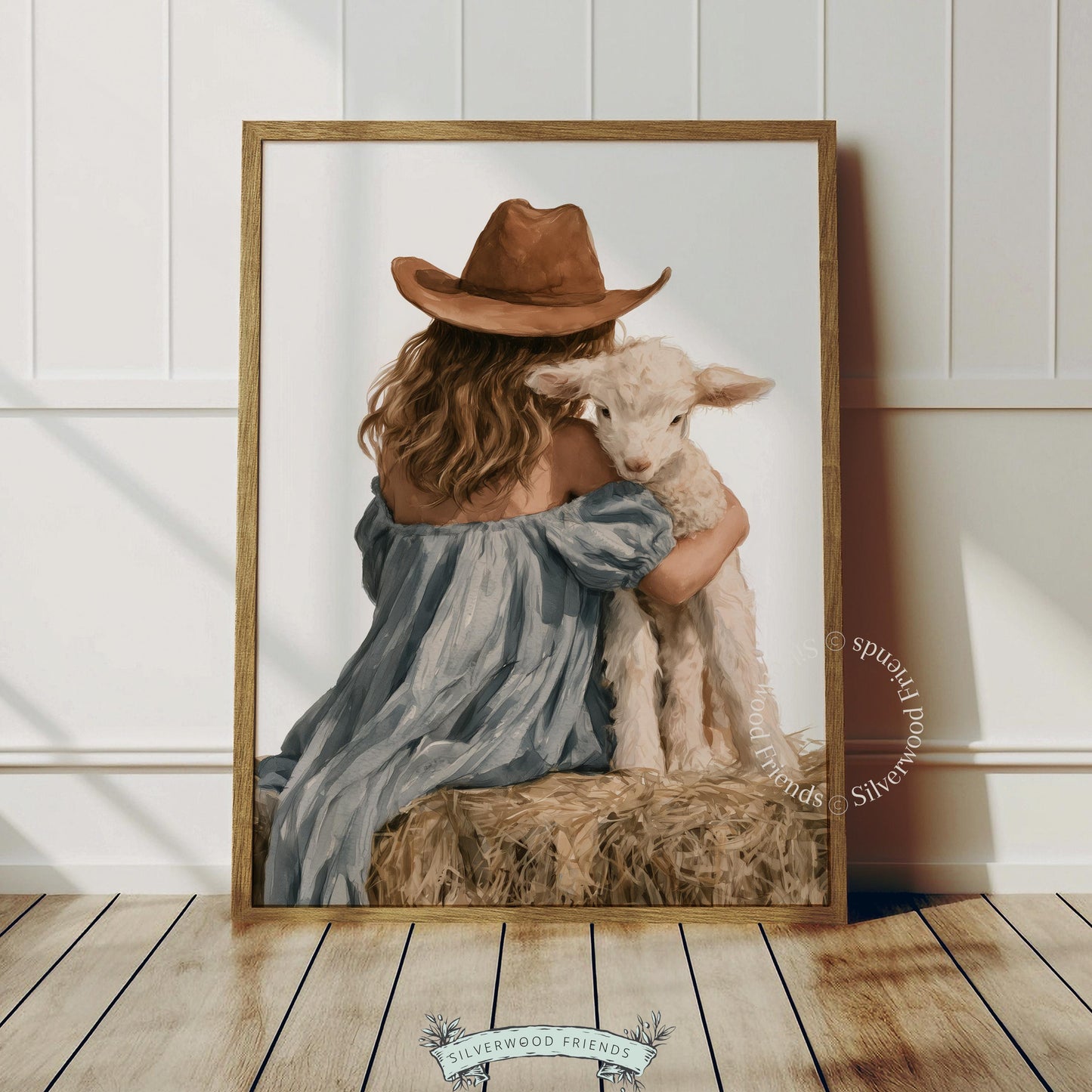 Young girl holding lamb printable wall decor for playroom — serene pastoral scene in soft brushwork style