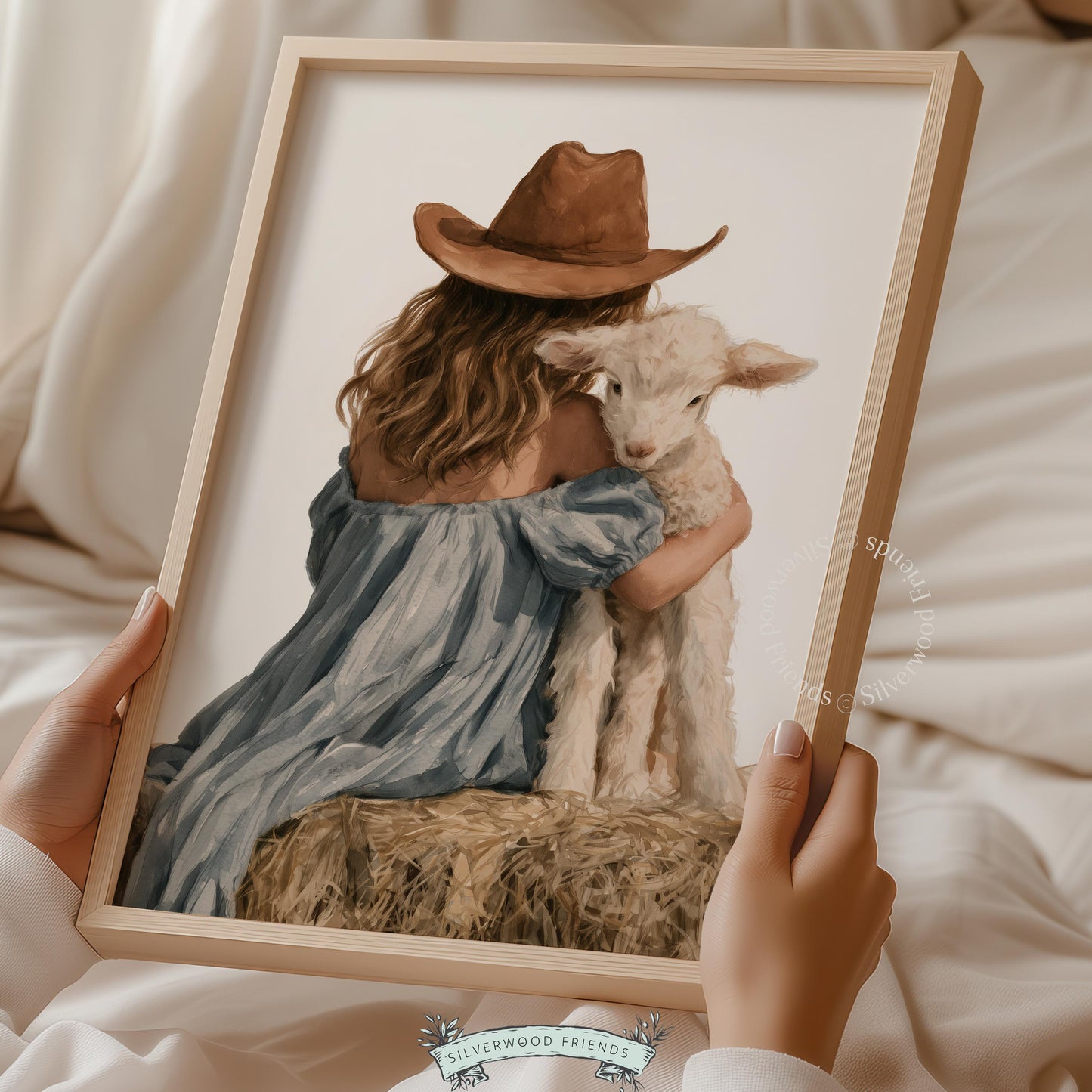 Baby sheep and child picture for kids country room — peaceful hayfield artwork with soft, dreamy vintage character