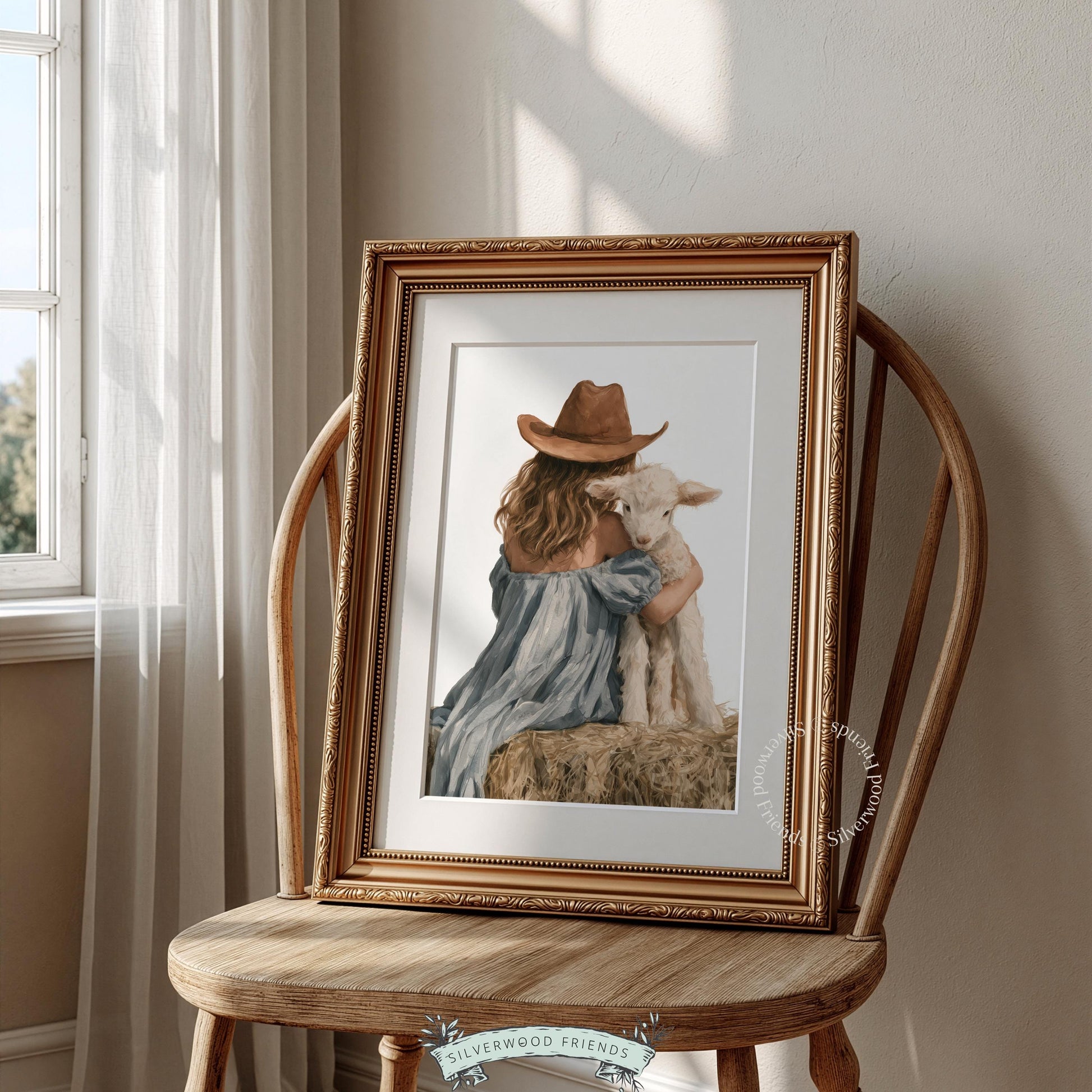 Child cradling baby sheep poster for kids room — soft vintage-style farmland scene with warm earthy tones