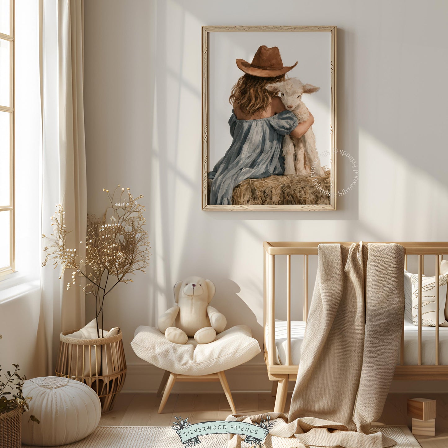Lamb and girl instant download poster for farm-themed nursery — gentle pastoral wall art with nostalgic warmth