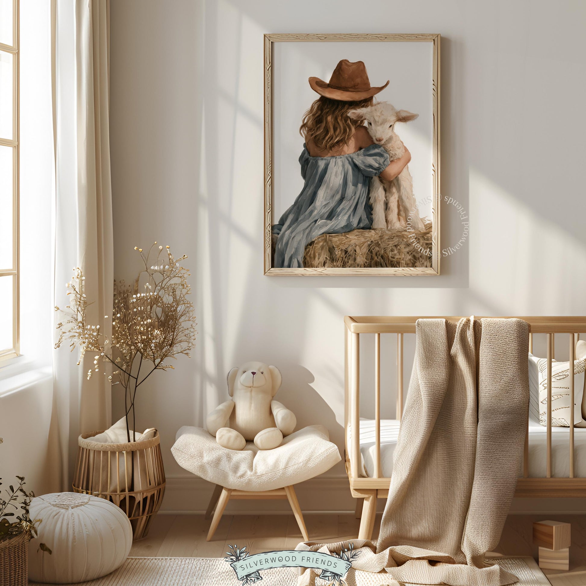 Lamb and girl instant download poster for farm-themed nursery — gentle pastoral wall art with nostalgic warmth