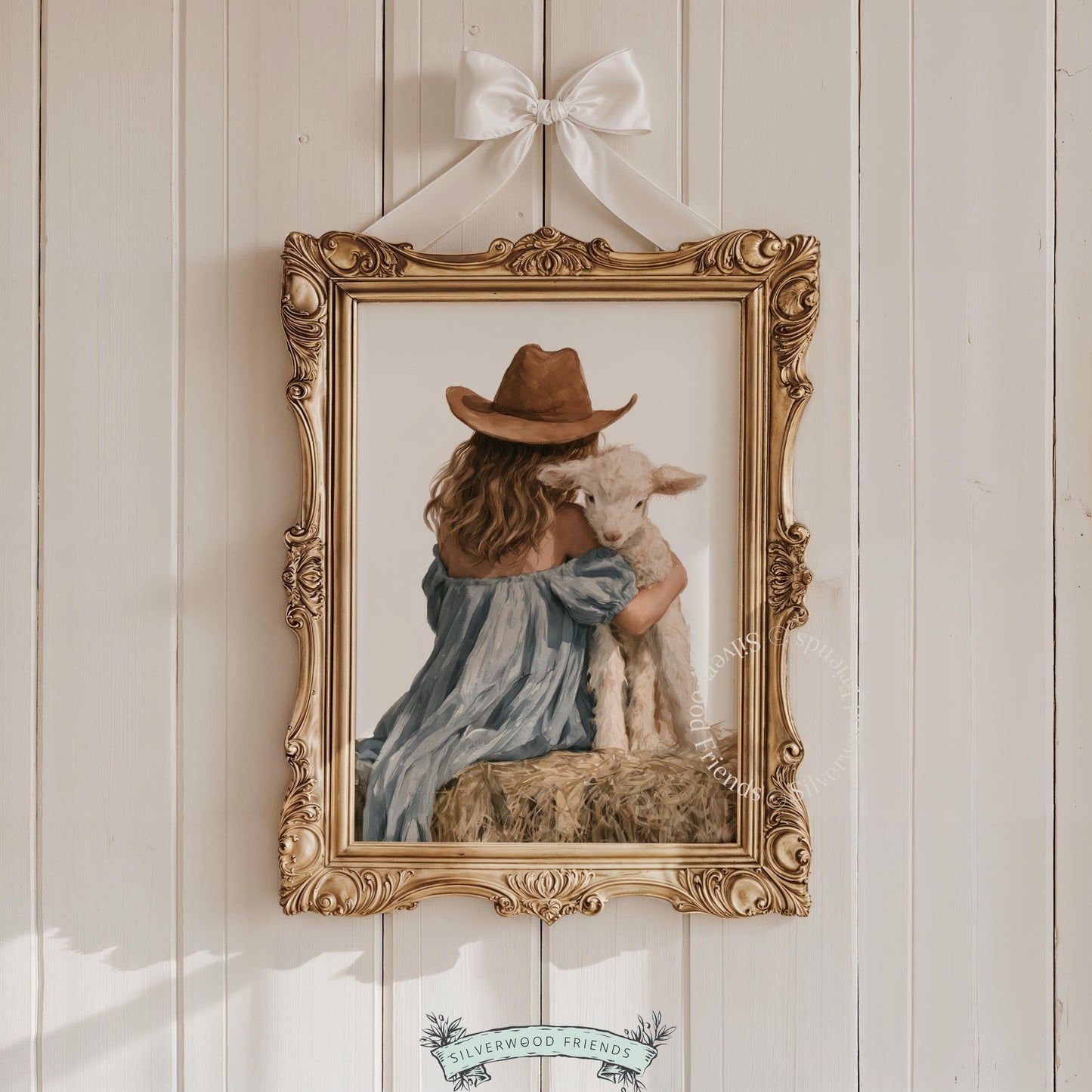 Child embracing sheep printable for baby farm decor — serene countryside illustration with romantic vintage mood