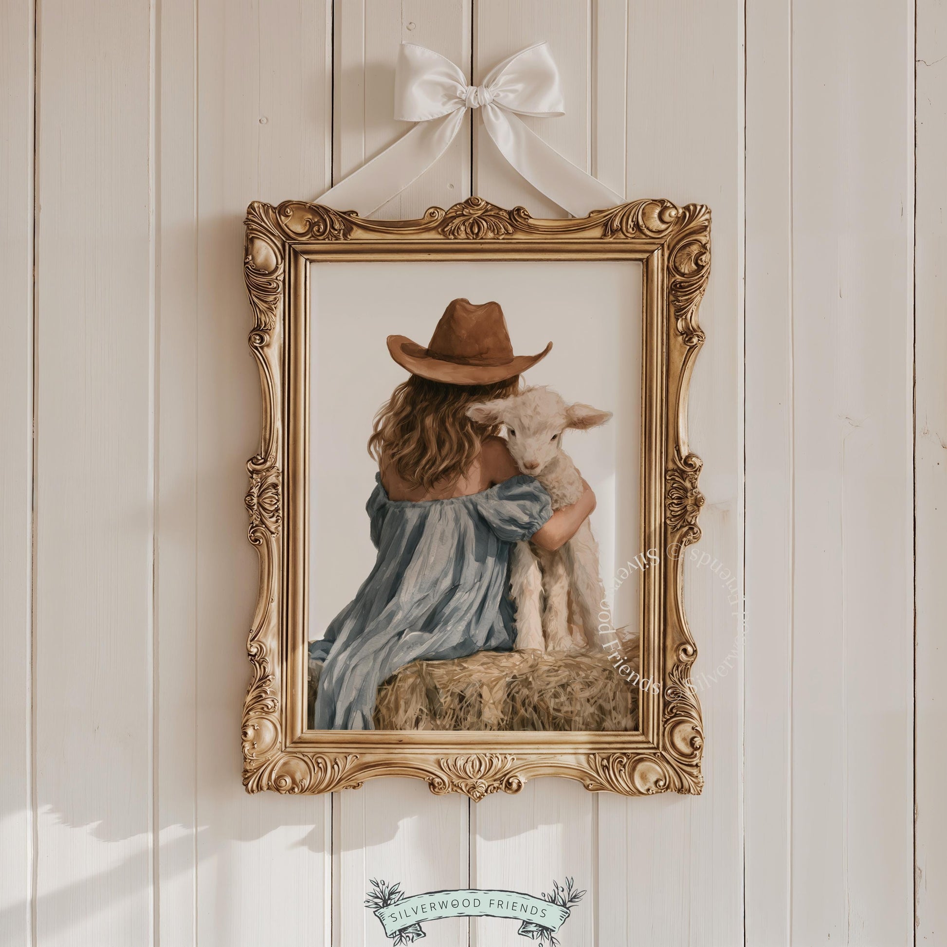 Child embracing sheep printable for baby farm decor — serene countryside illustration with romantic vintage mood