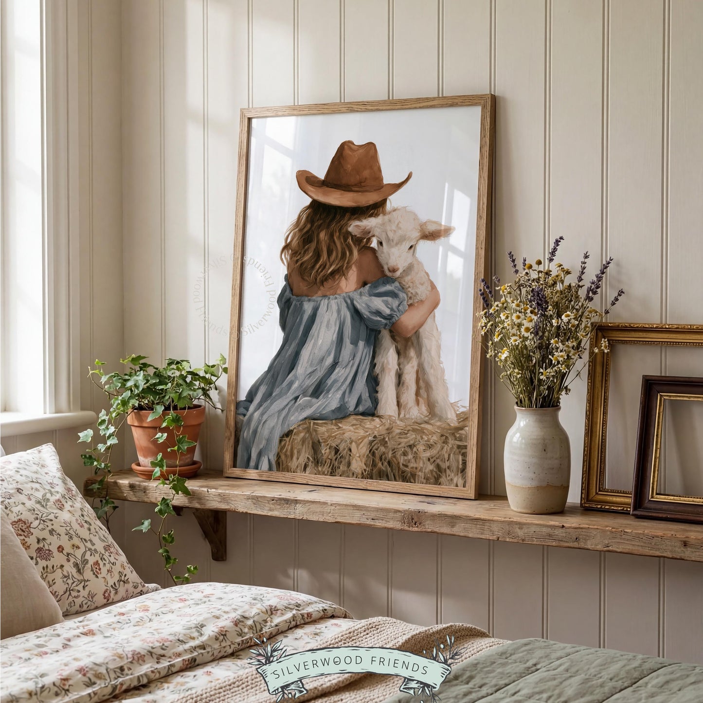 Girl cradling lamb wall art for western toddler room — rustic farmhouse painting with soft, textured brushstrokes