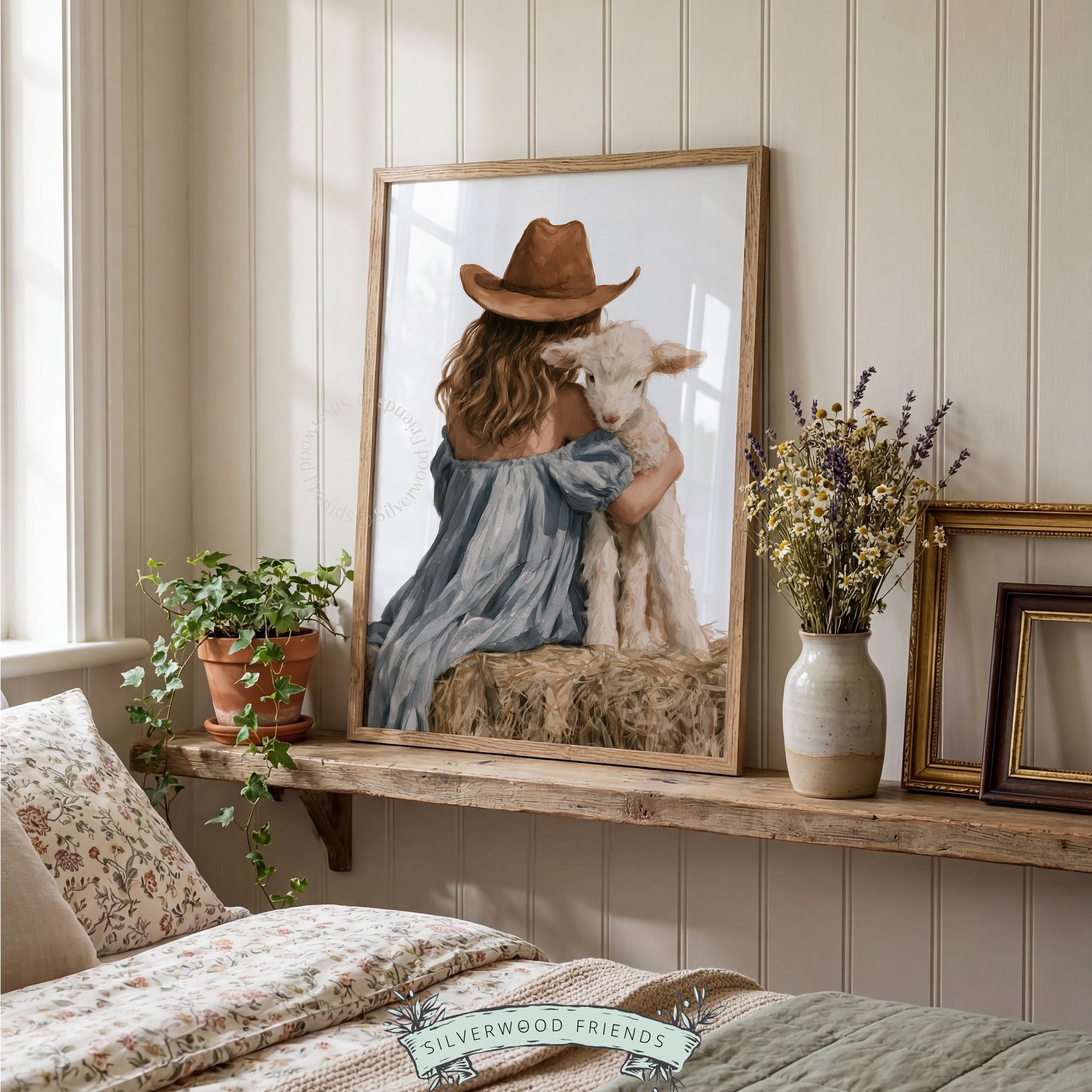 Girl cradling lamb wall art for western toddler room — rustic farmhouse painting with soft, textured brushstrokes